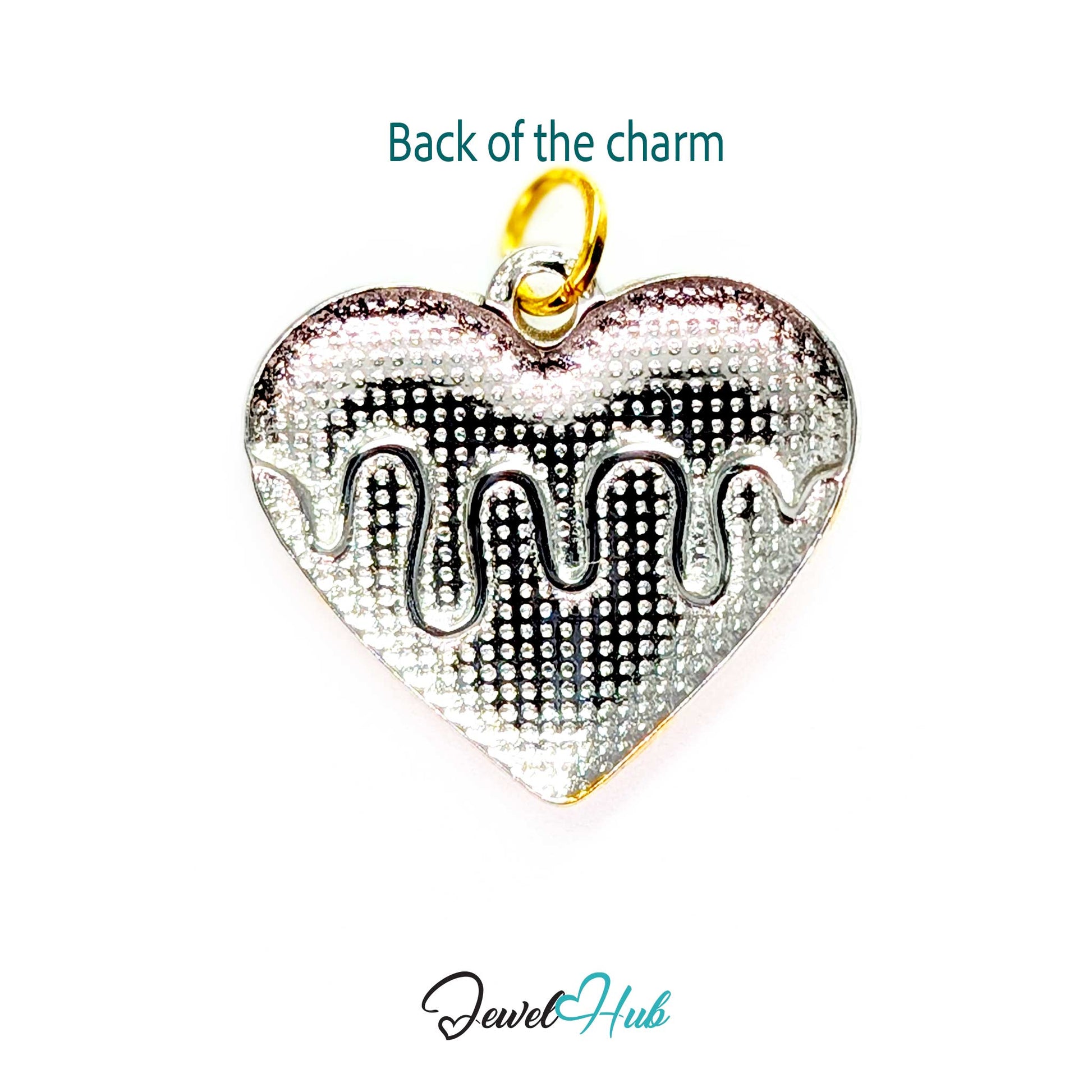 Back of the Drip Heart charm, two-tone stainless steel - plain silver, drip shape showing through - JewelHub