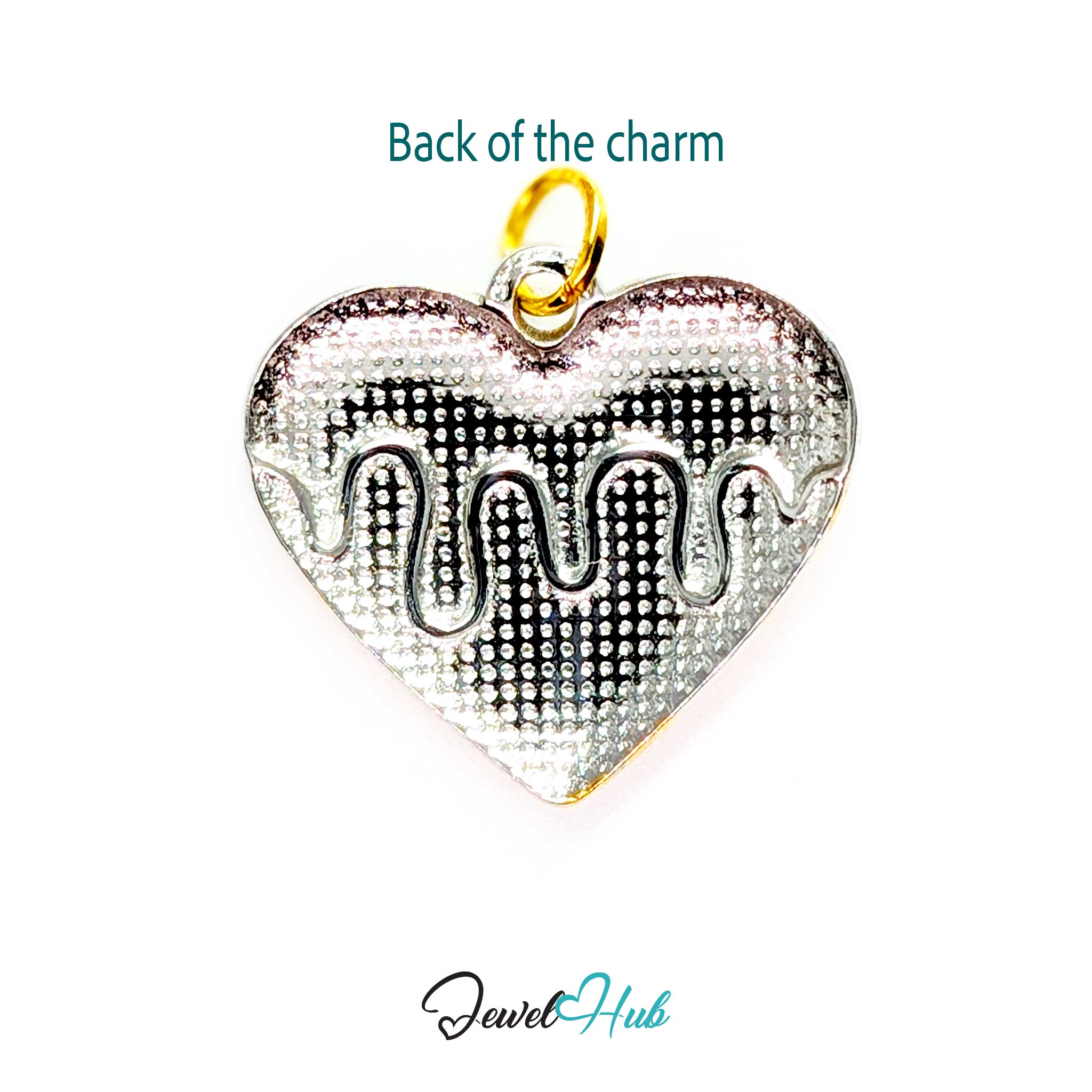 Back of the Drip Heart charm, two-tone stainless steel - plain silver, drip shape showing through - JewelHub