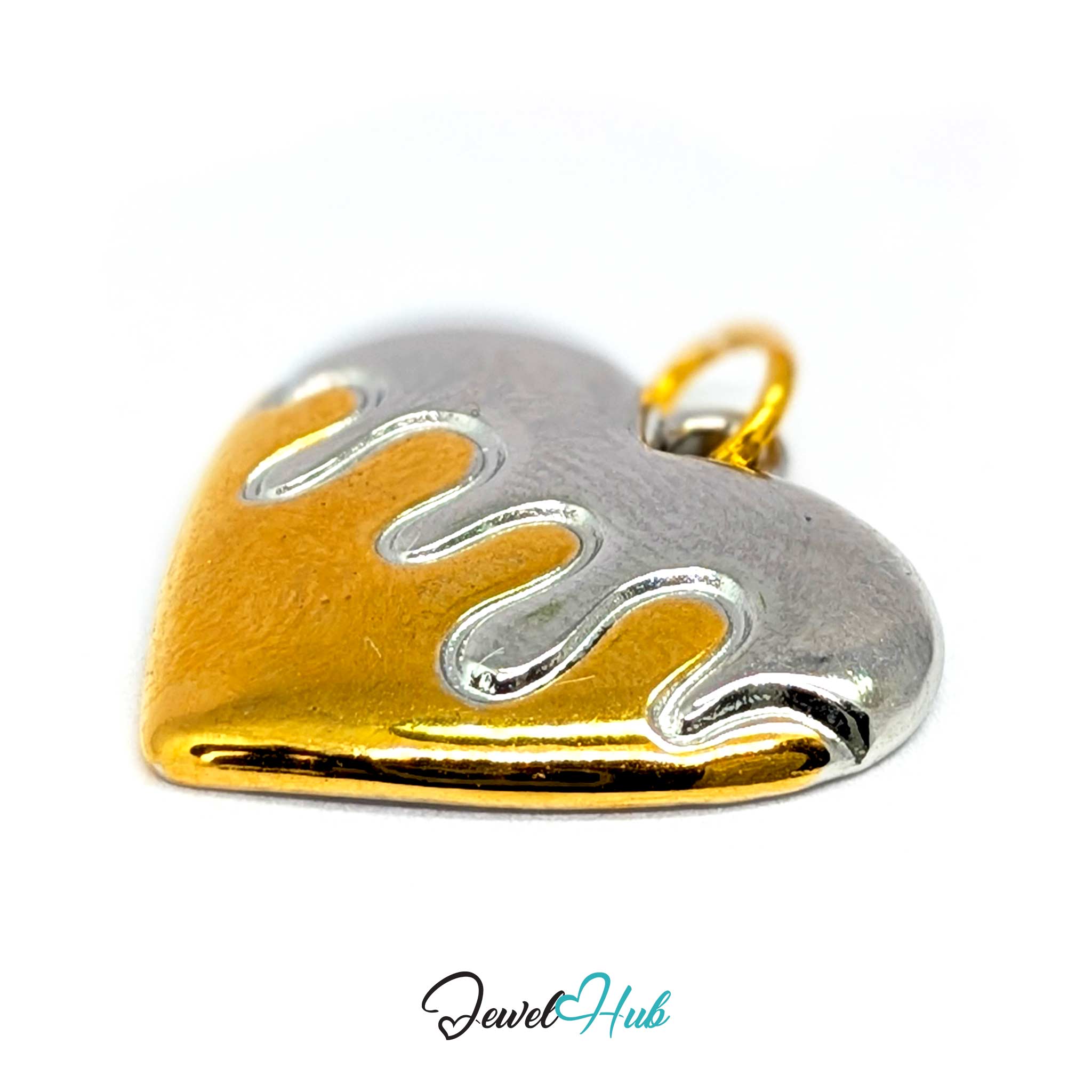 Drip Heart charm at an angle, two-tone stainless steel - the domed face and the silver-gold melt line - JewelHub