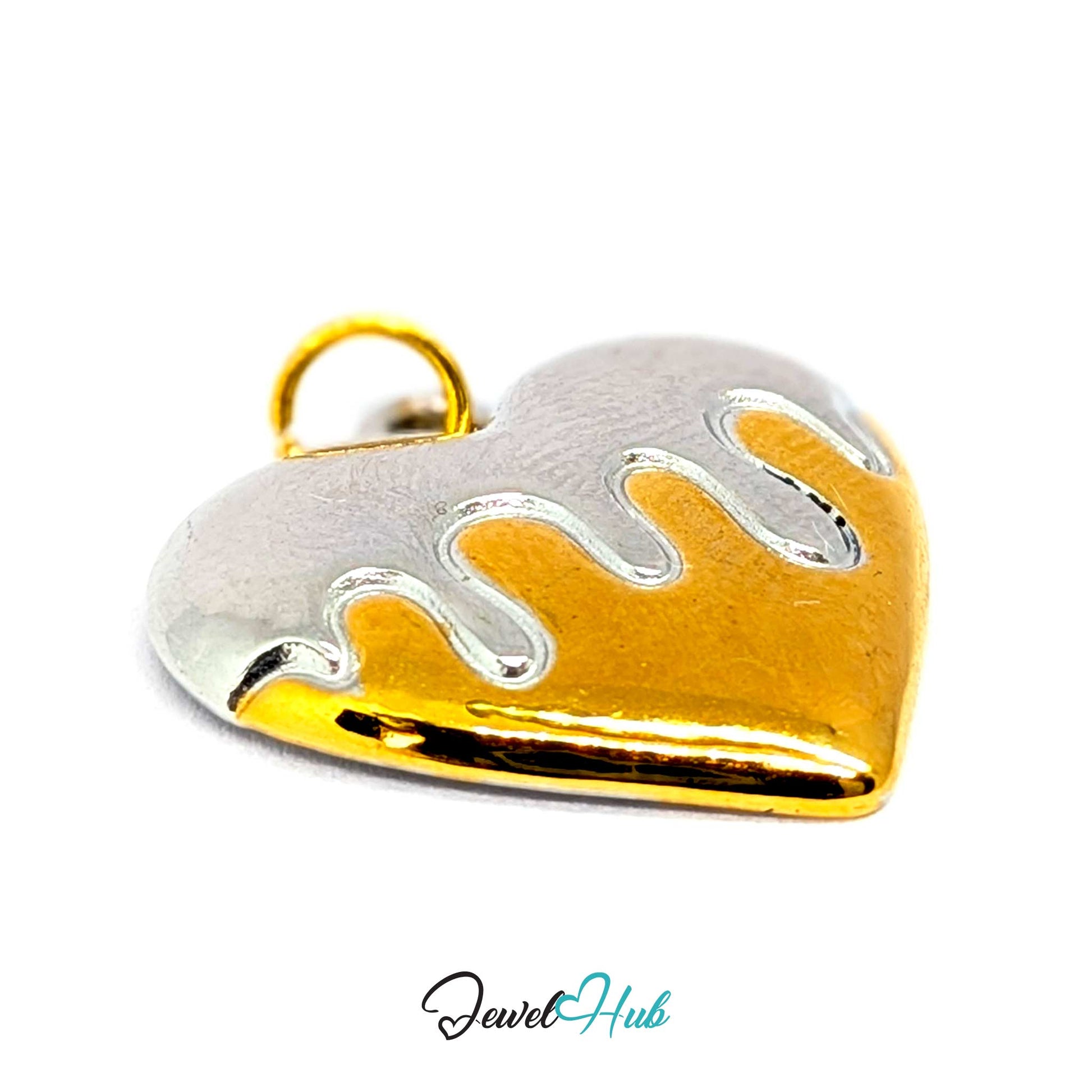 Drip Heart charm tilted, two-tone stainless steel - the domed face and the silver-gold melt line - JewelHub