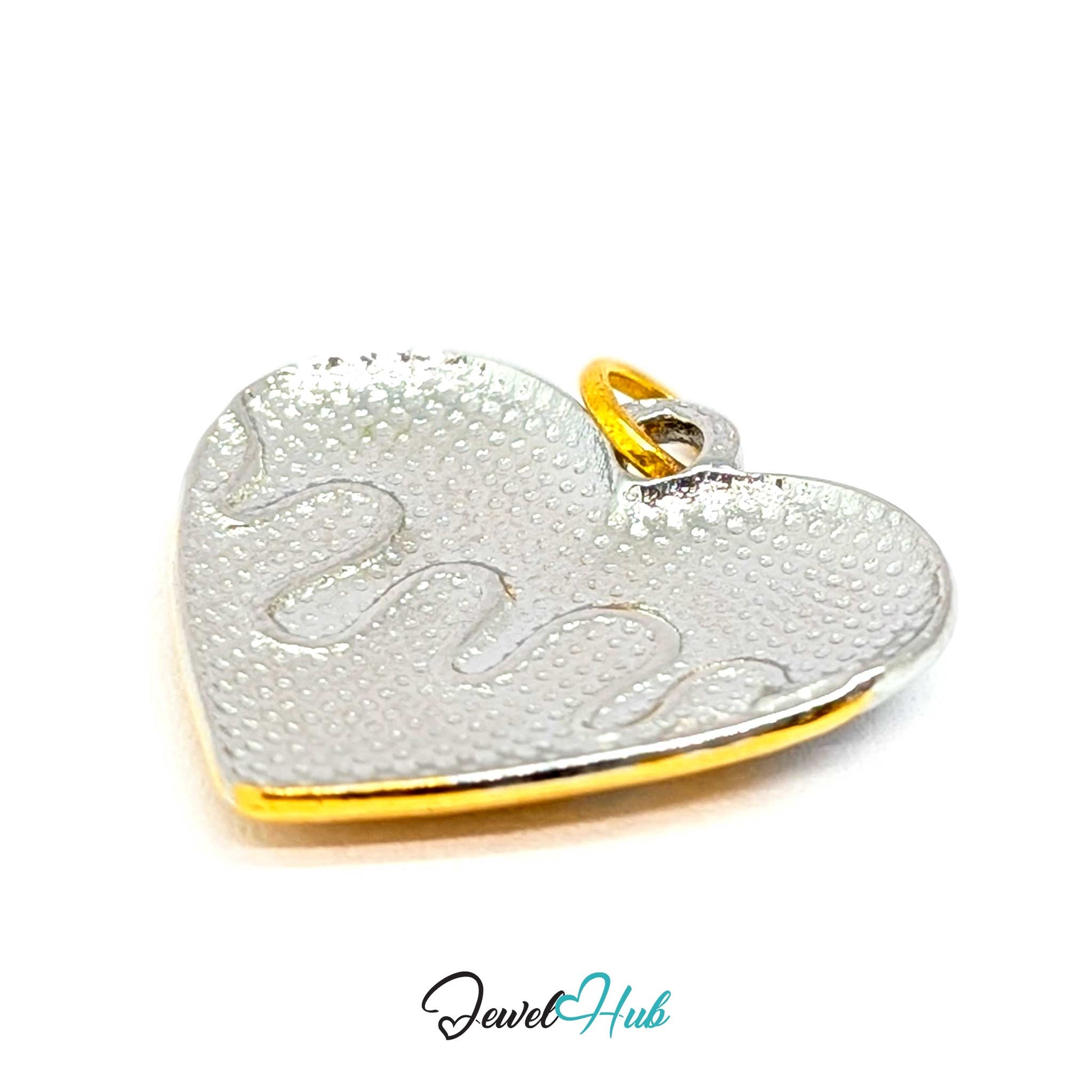 Drip Heart charm, two-tone stainless steel - turned to the textured silver reverse - JewelHub