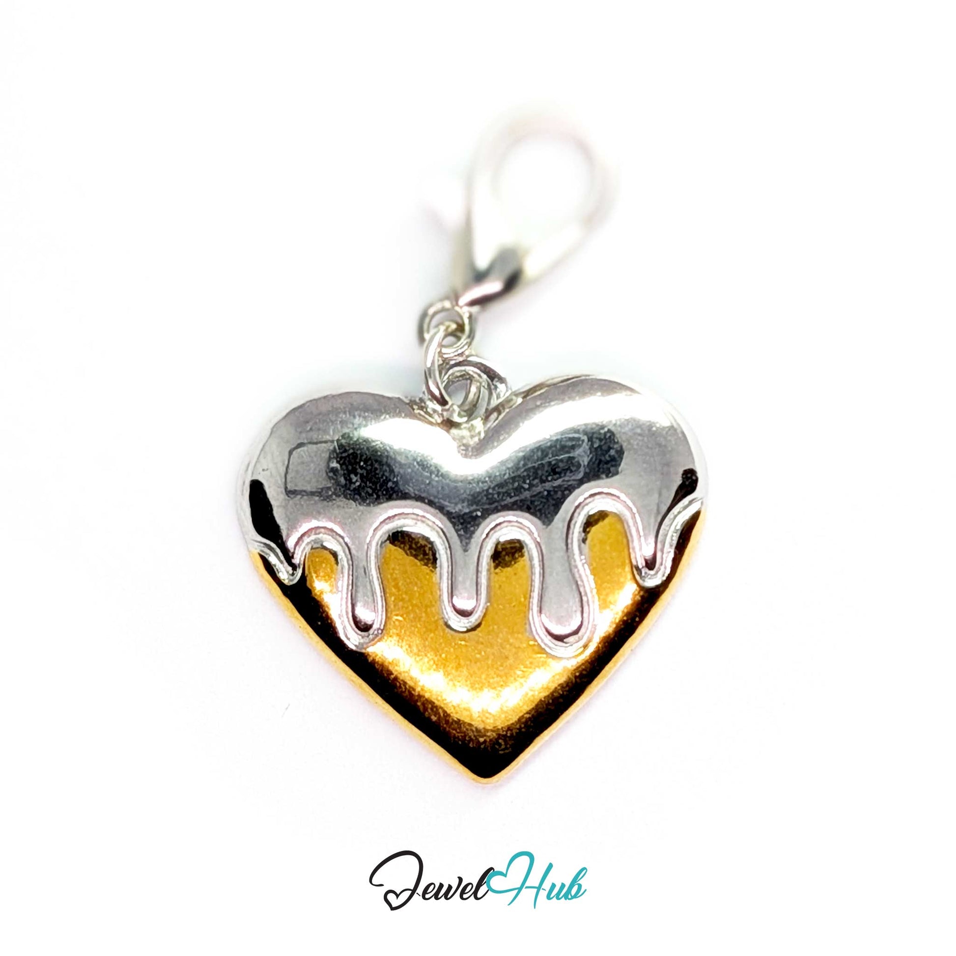 Drip Heart charm, two-tone stainless steel, fitted with a lobster clasp to clip straight on - JewelHub