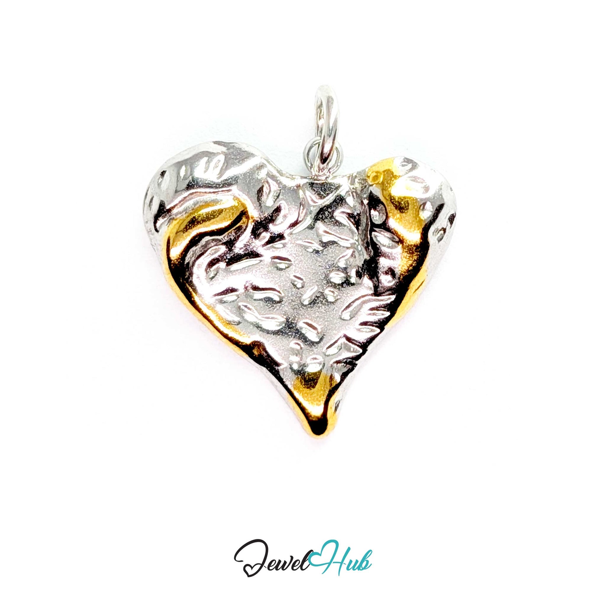Textured Heart charm, two-tone stainless steel - organic ridged silver face inside a gold edge - JewelHub