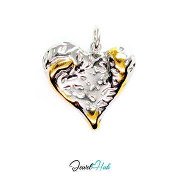 Textured Heart charm, two-tone stainless steel - organic ridged silver face inside a gold edge - JewelHub