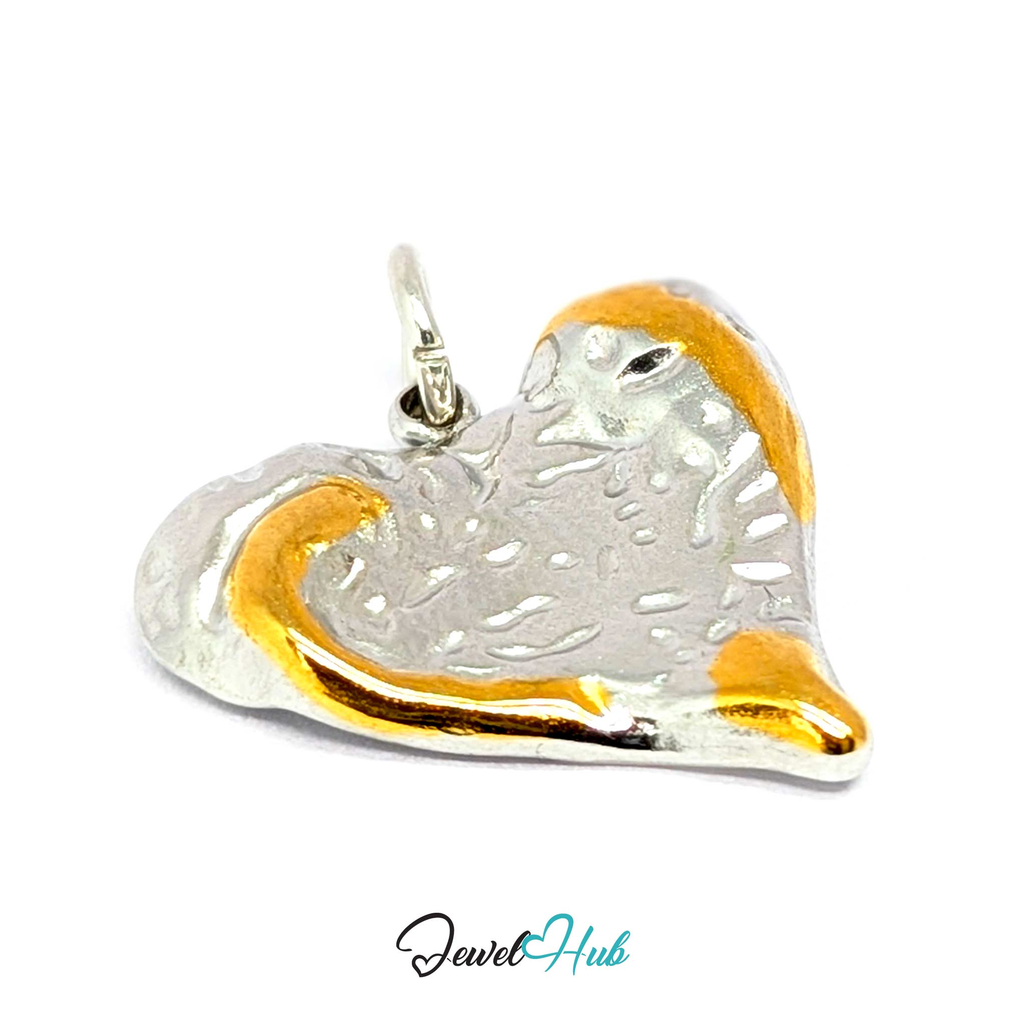 Textured Heart charm at an angle, two-tone stainless steel - the worked silver surface and gold edge - JewelHub