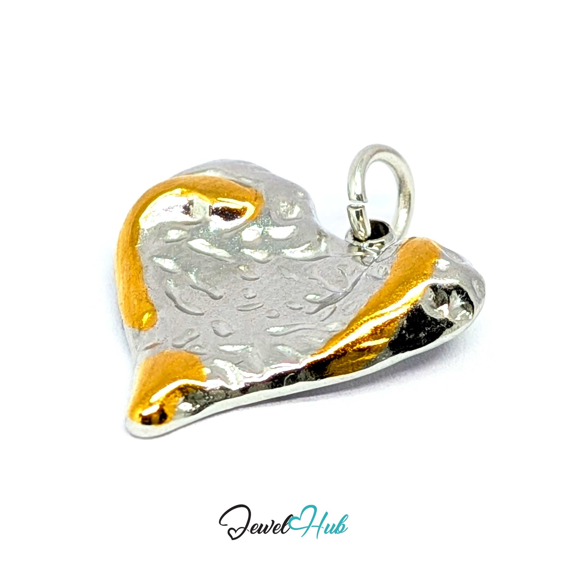 Textured Heart charm tilted, two-tone stainless steel - the worked silver surface and gold edge - JewelHub