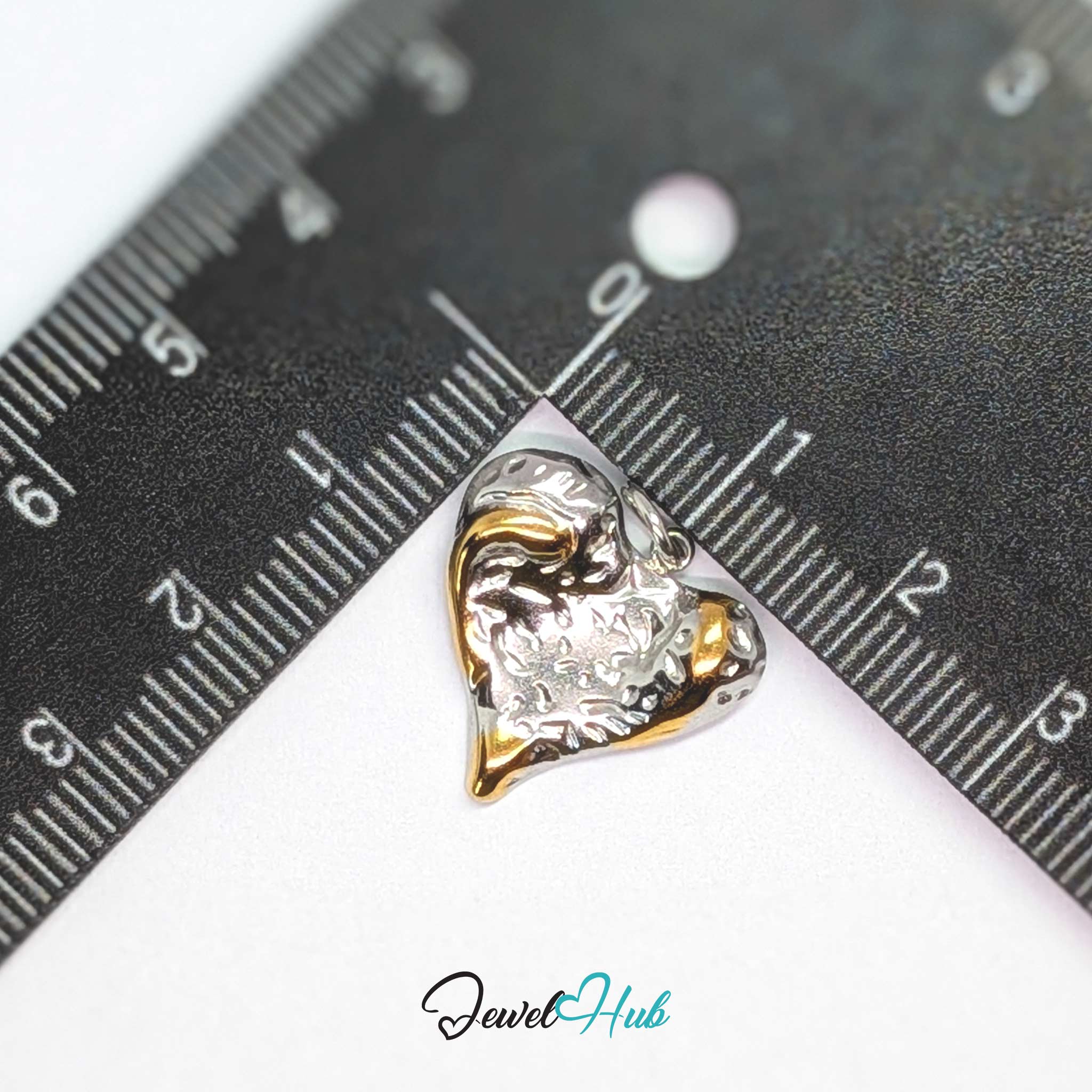 Textured Heart charm, two-tone stainless steel, measured against a ruler at 18.2 x 18.2mm - JewelHub