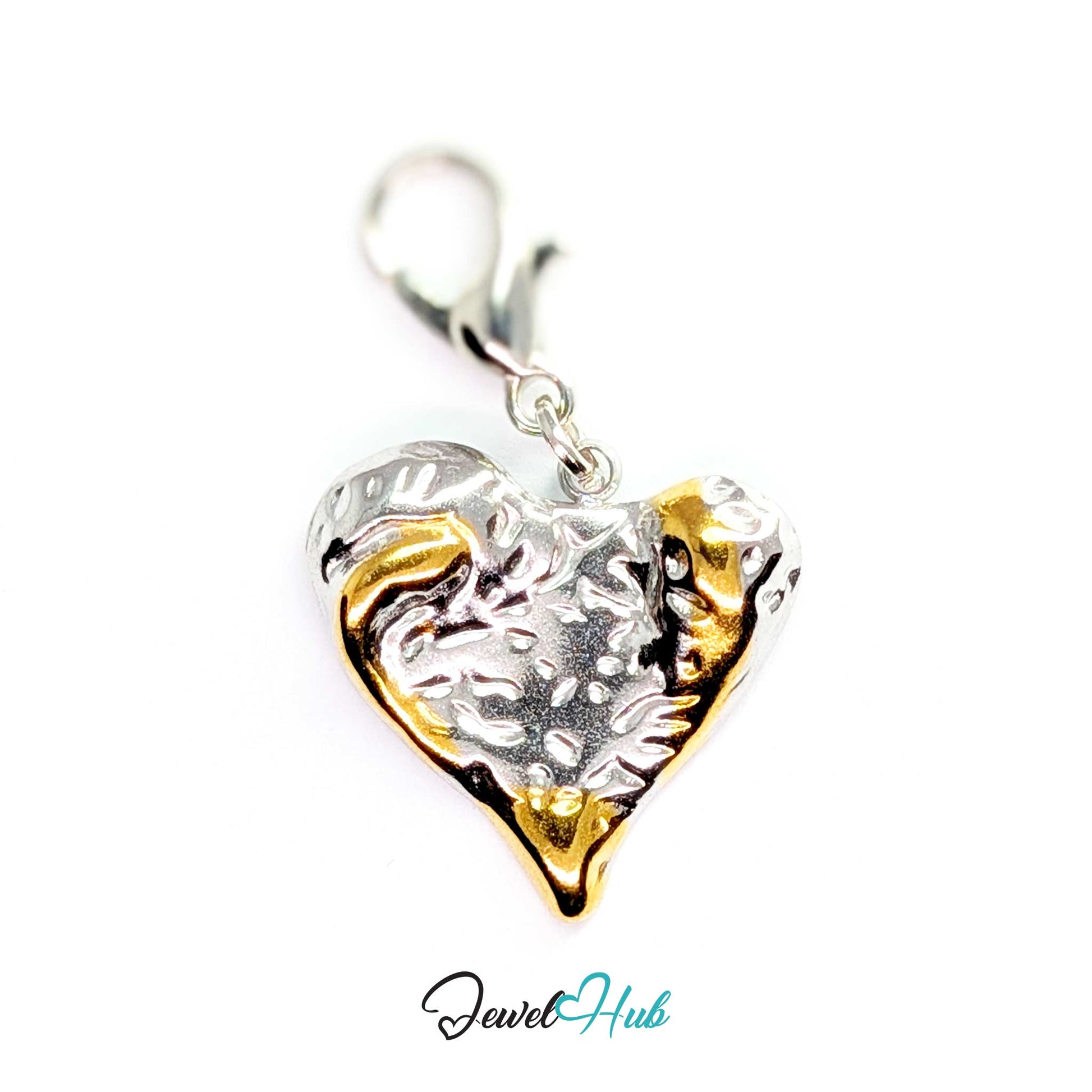 Textured Heart charm, two-tone stainless steel, fitted with a lobster clasp to clip straight on - JewelHub