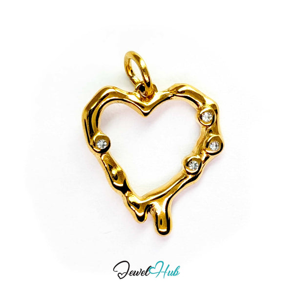Outline Heart charm, gold stainless steel - open molten band set with five clear crystals - JewelHub