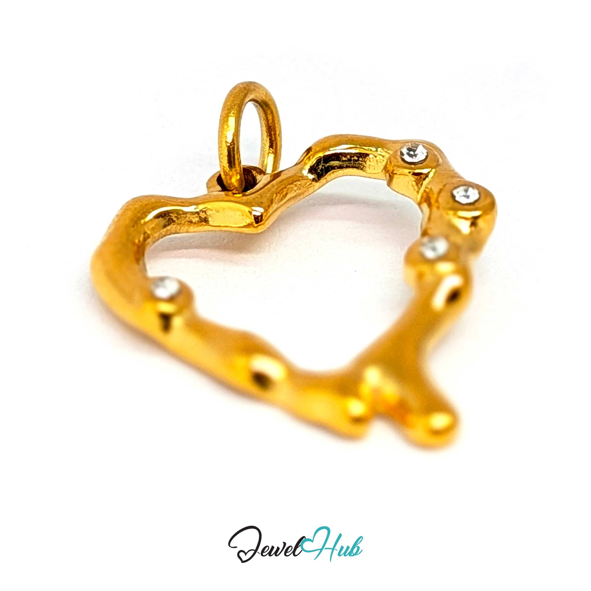 Outline Heart charm at an angle, gold stainless steel - the open centre and crystals along one limb - JewelHub