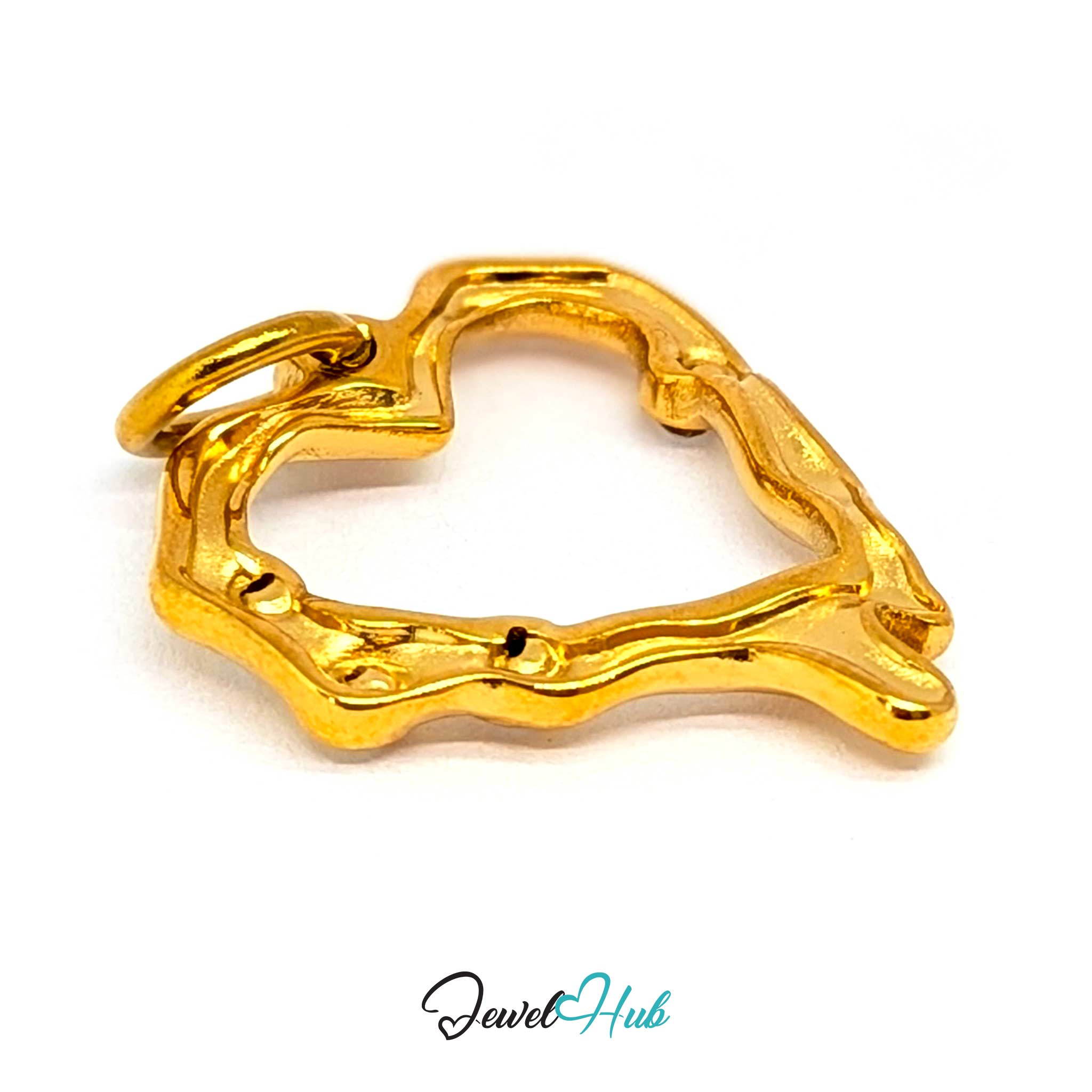 Outline Heart charm tilted, gold stainless steel - the open centre and crystals along one limb - JewelHub
