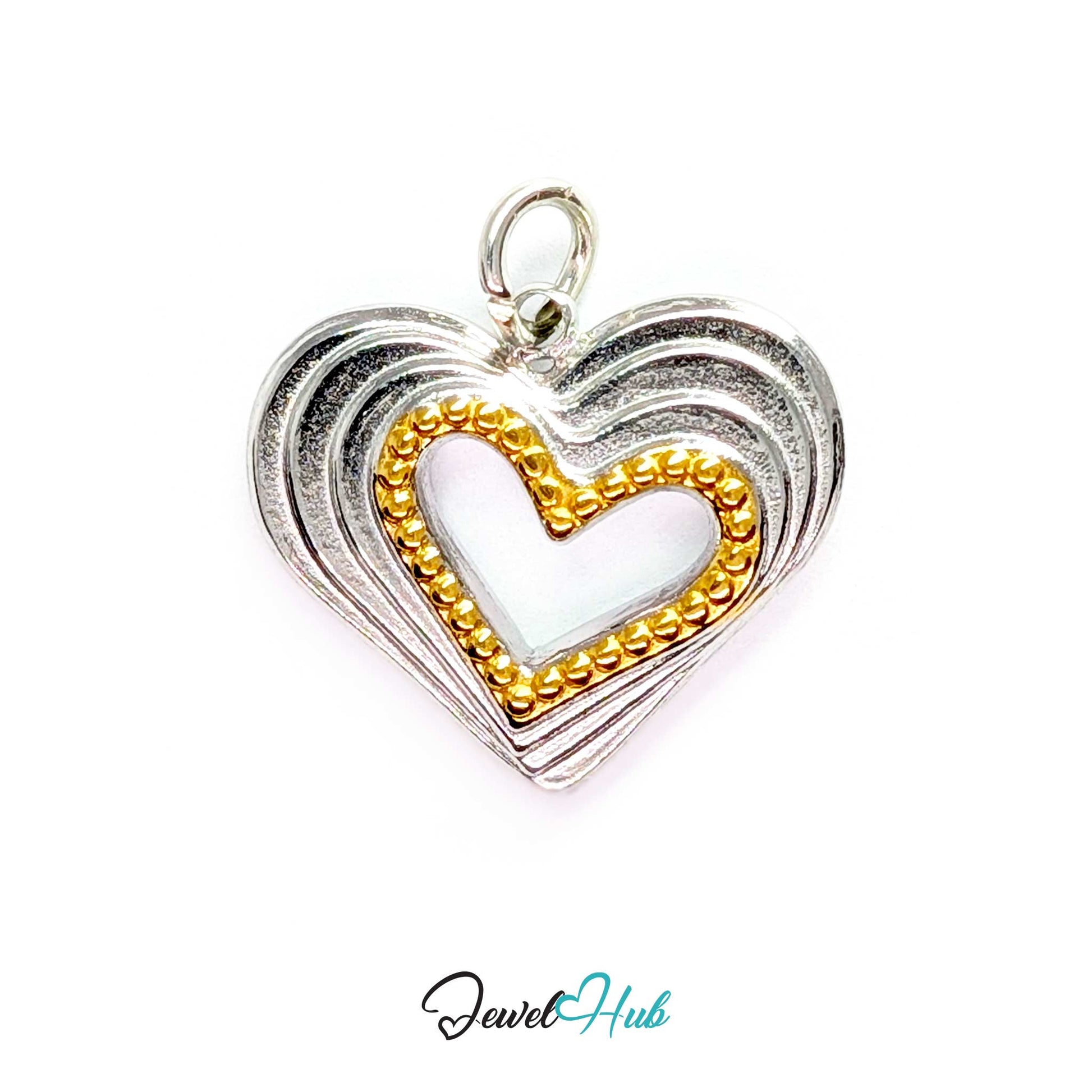Hollow Heart charm, two-tone stainless steel - silver ridges, gold beaded rim, open centre - JewelHub
