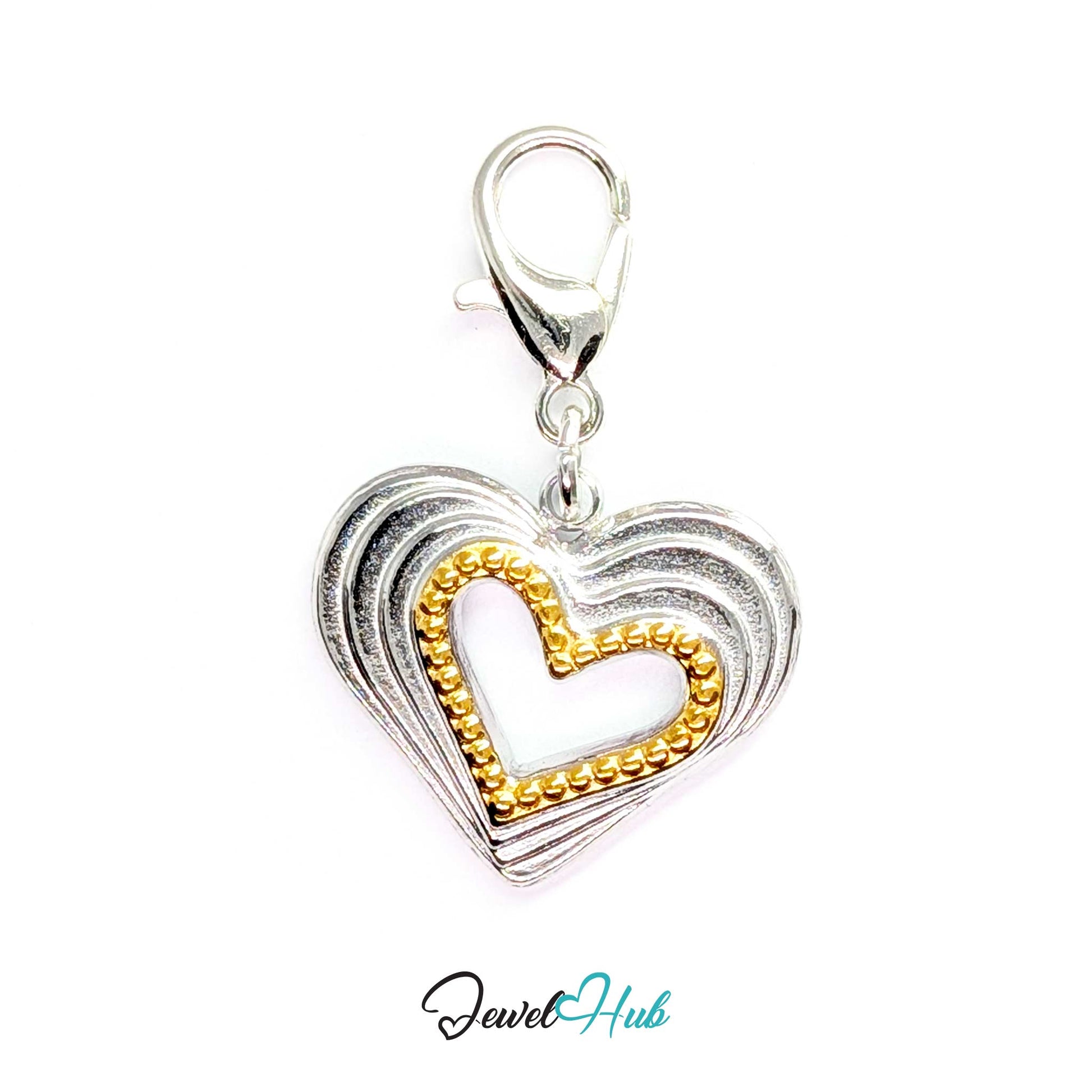 Hollow Heart charm, two-tone stainless steel, fitted with a lobster clasp to clip straight on - JewelHub