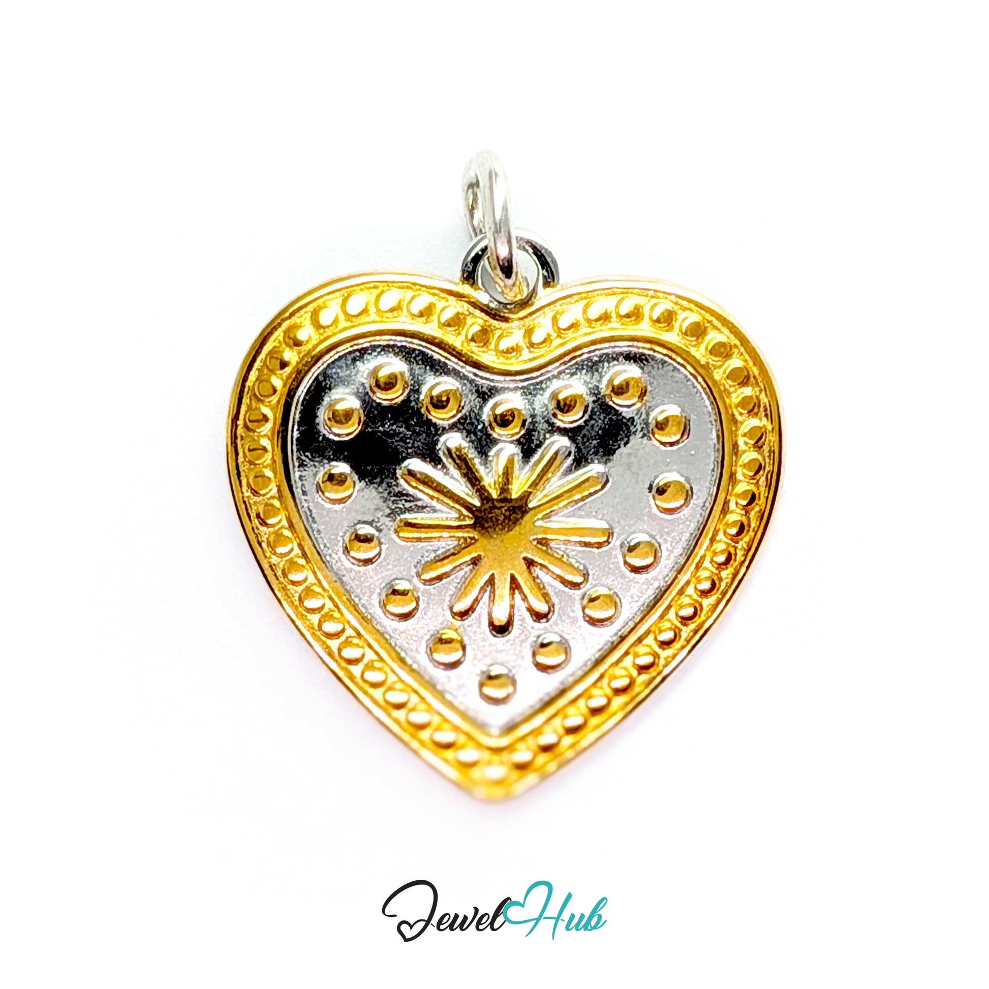 Starburst Heart charm, two-tone stainless steel - gold beaded rim and gold burst on silver - JewelHub