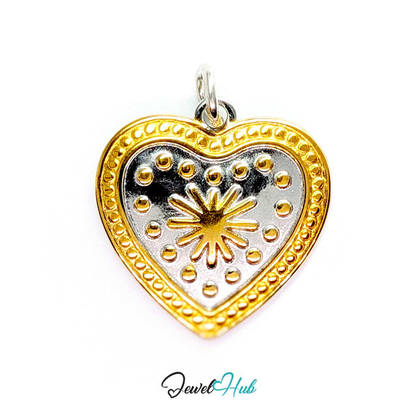 Starburst Heart charm, two-tone stainless steel - gold beaded rim and gold burst on silver - JewelHub