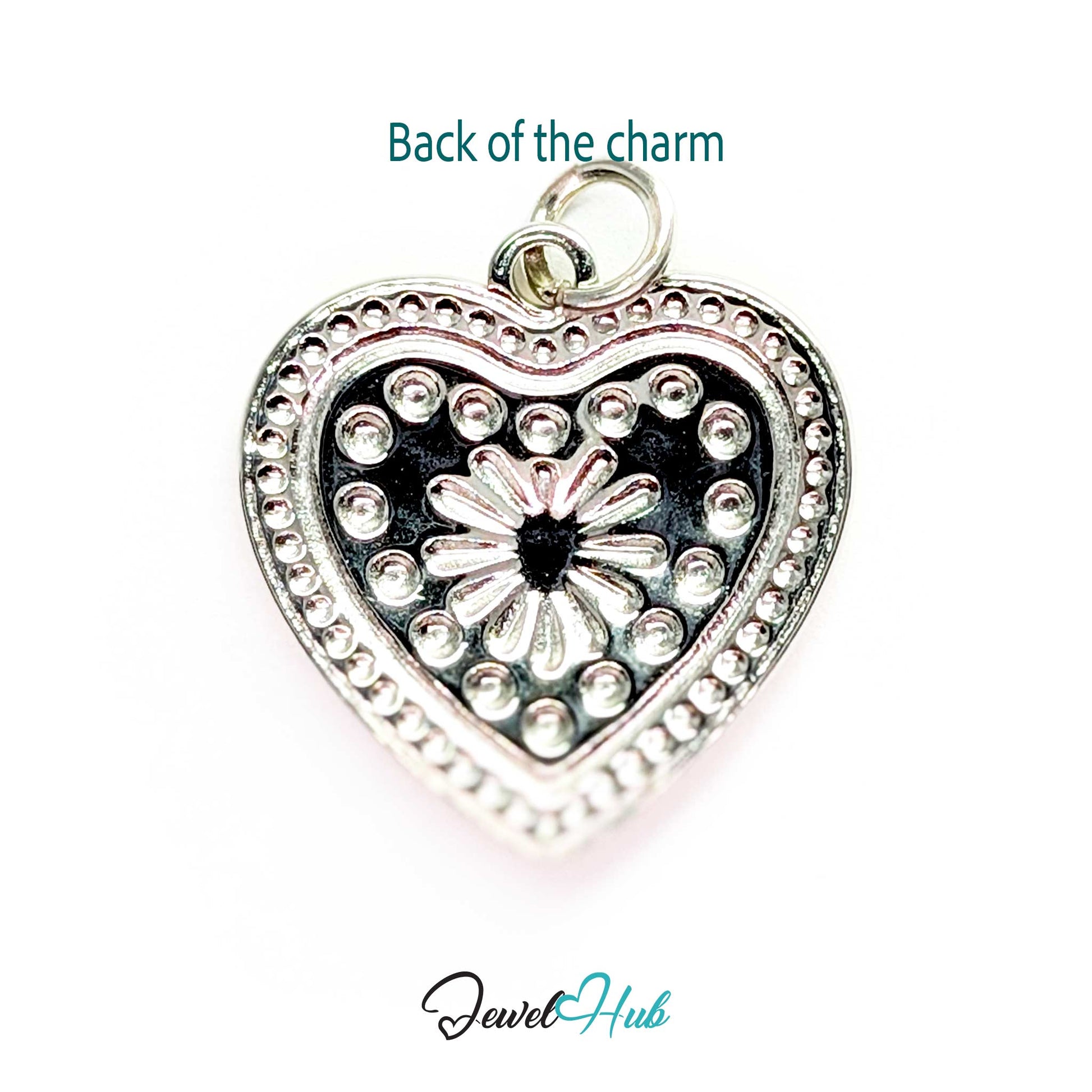 Back of the Starburst Heart charm, two-tone stainless steel - silver, burst and dots showing through - JewelHub
