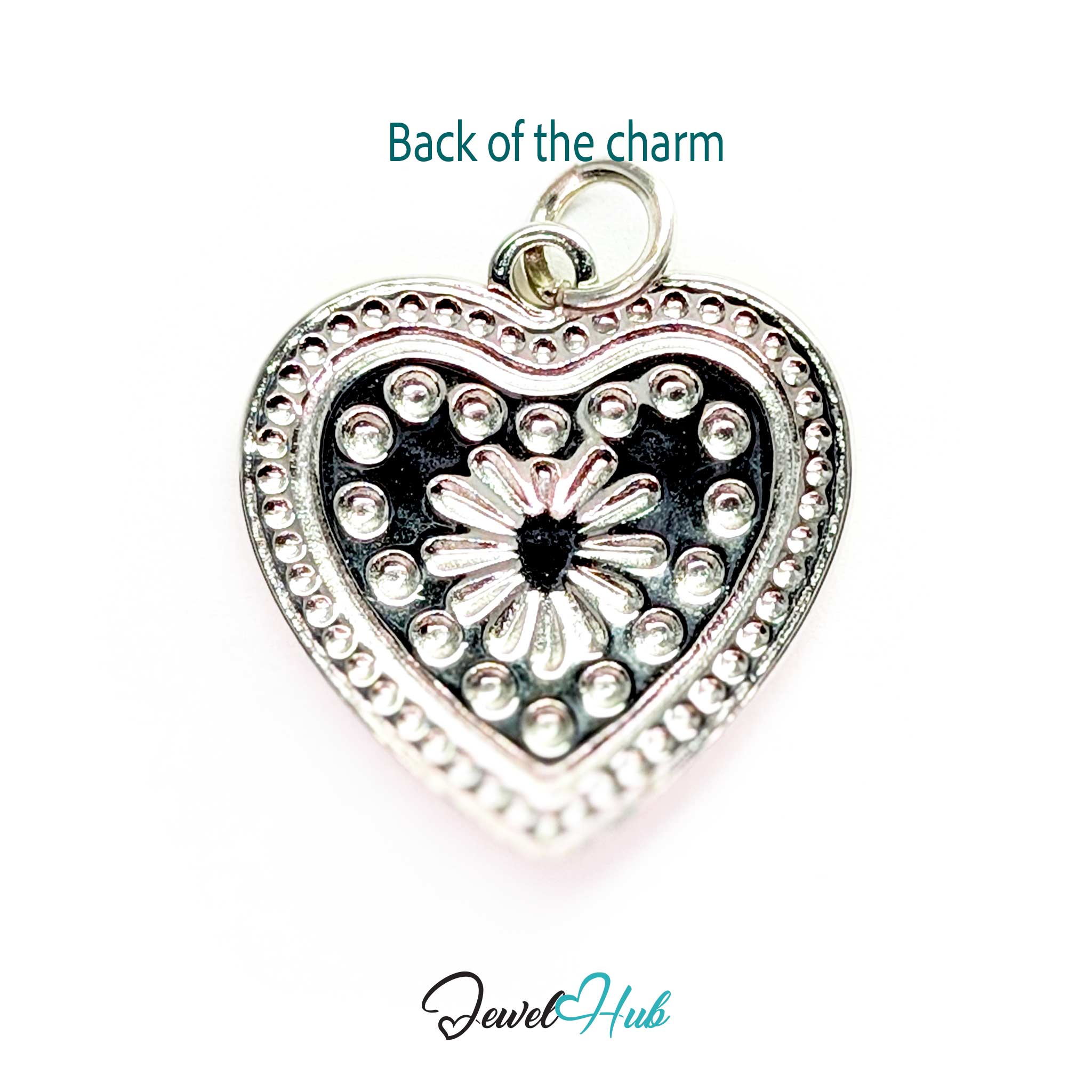 Back of the Starburst Heart charm, two-tone stainless steel - silver, burst and dots showing through - JewelHub