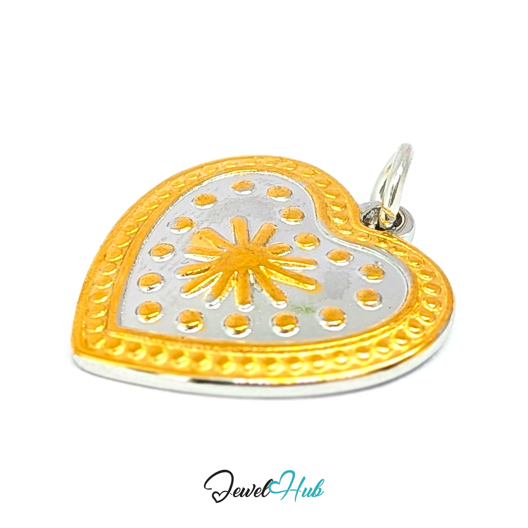 Starburst Heart charm tilted, two-tone stainless steel - raised gold dots and rays on the silver - JewelHub
