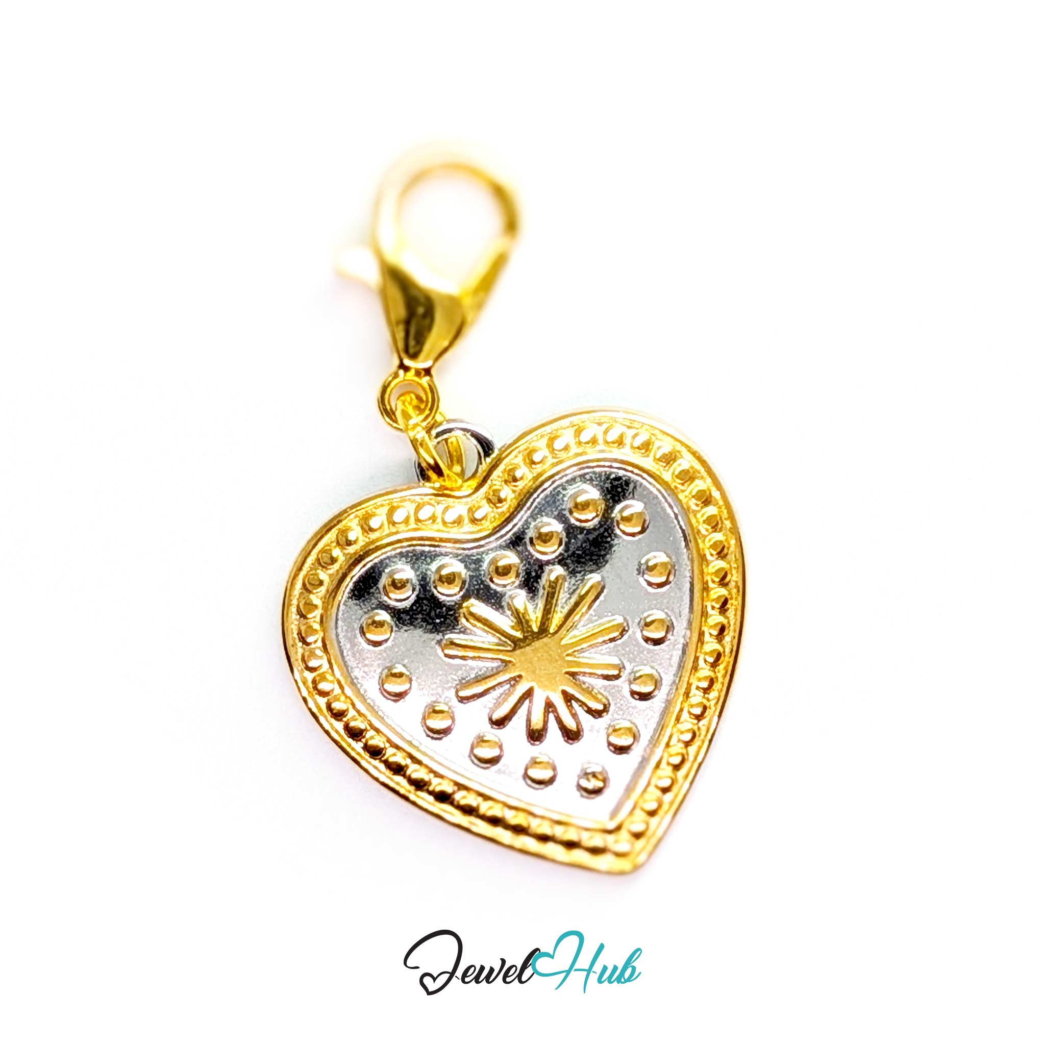 Starburst Heart charm, two-tone stainless steel, fitted with a lobster clasp to clip straight on - JewelHub