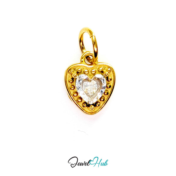 Gem Heart charm, gold stainless steel - one heart-cut clear crystal in a beaded bezel - JewelHub