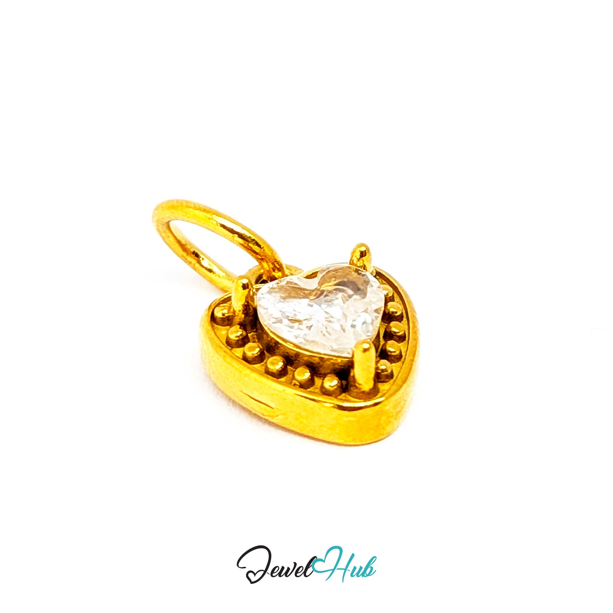 Gem Heart charm at an angle, gold stainless steel - the bezel depth and fire in the crystal - JewelHub