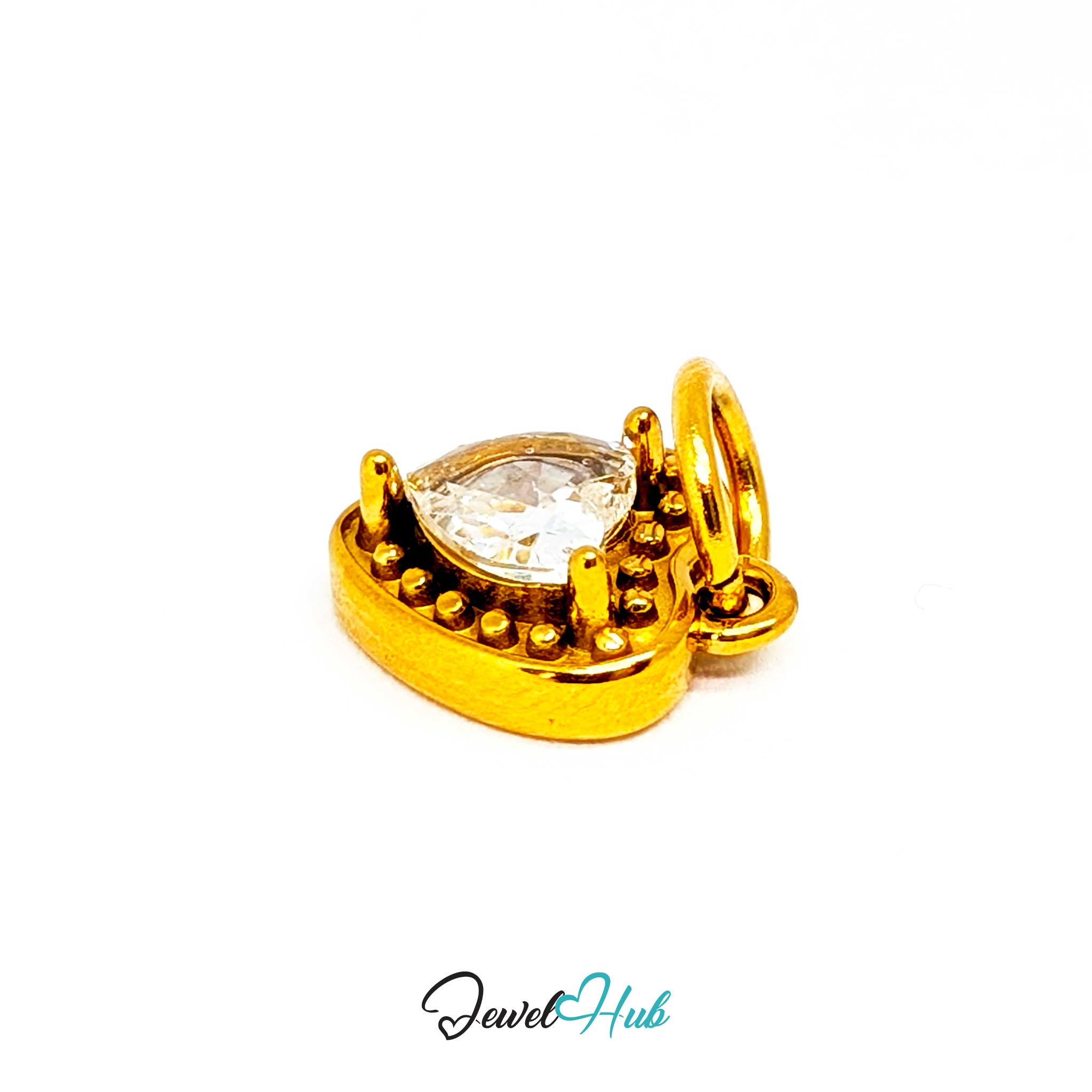 Gem Heart charm tilted, gold stainless steel - the bezel depth and fire in the crystal - JewelHub
