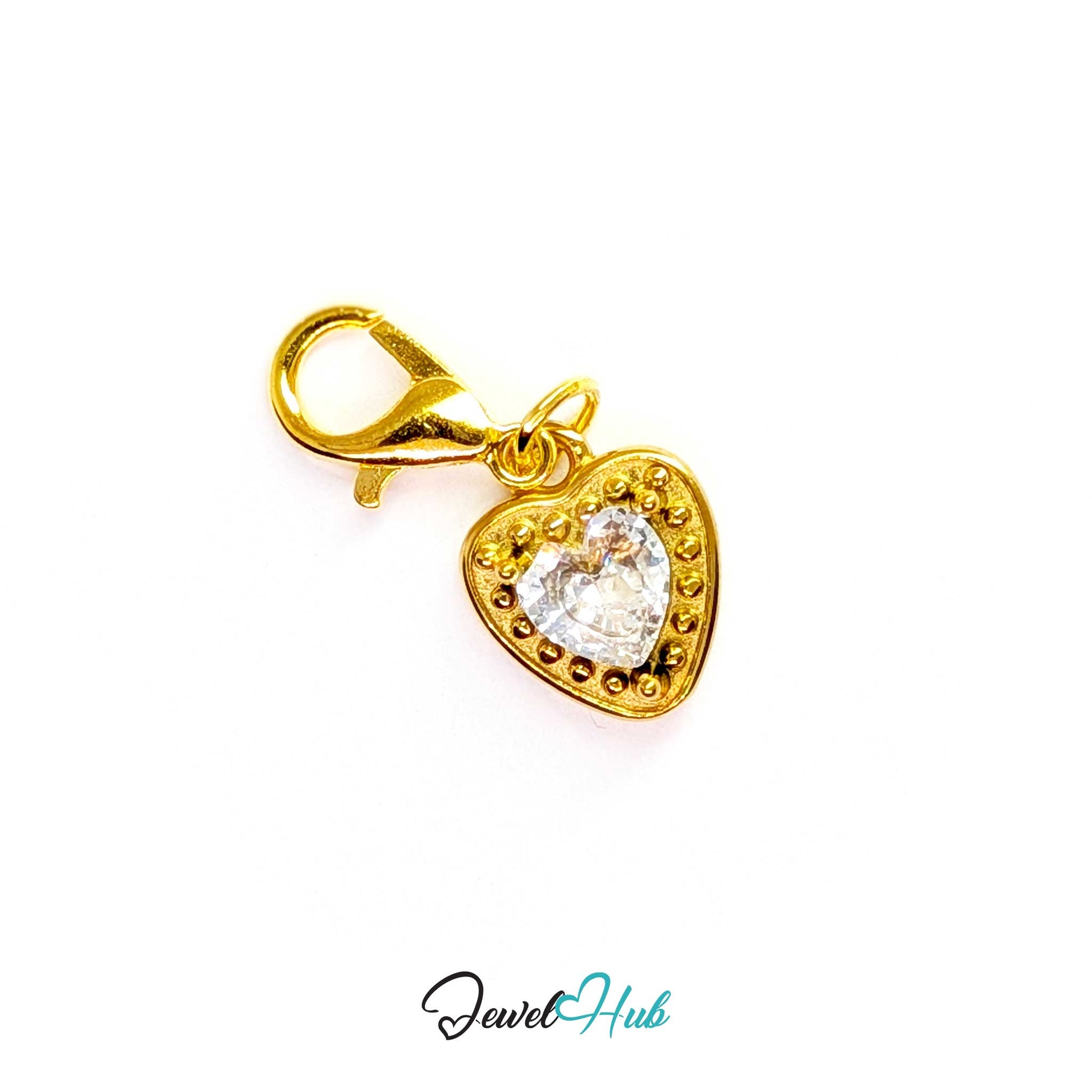 Gem Heart charm, gold stainless steel, fitted with a lobster clasp to clip straight on - JewelHub