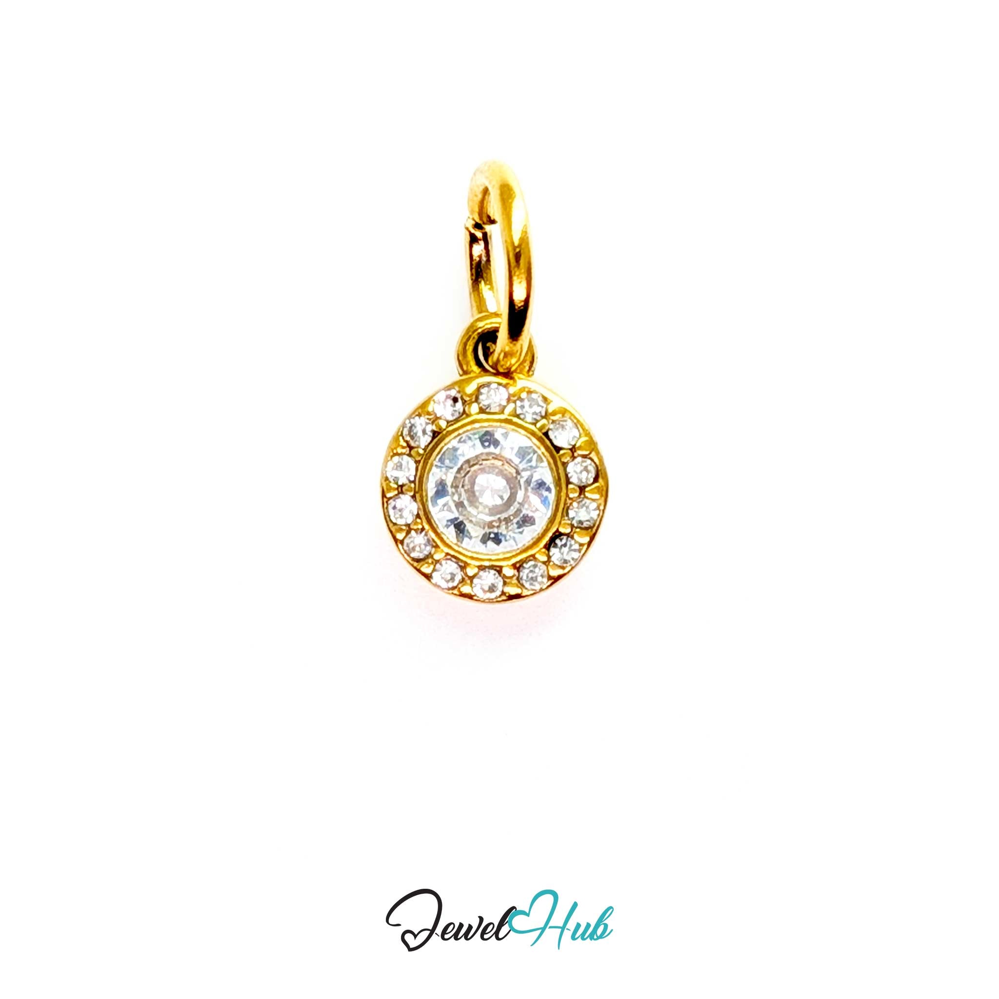 Halo Round charm, gold stainless steel - one crystal ringed by sixteen in a gold halo - JewelHub