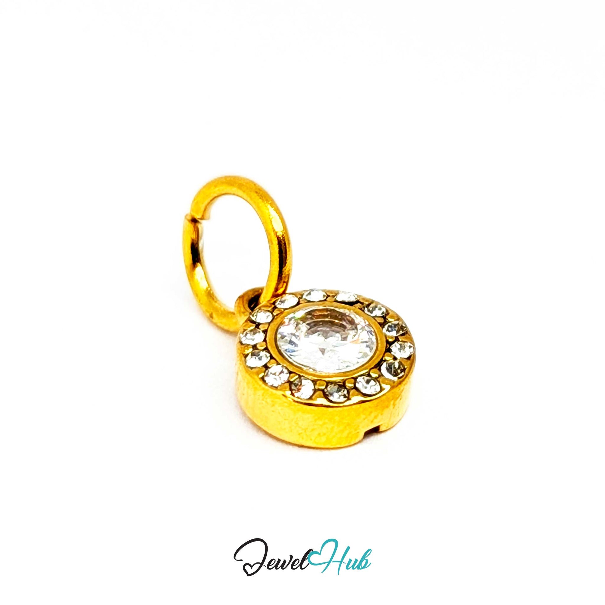 Halo Round charm at an angle, gold stainless steel - the raised collet and ring of halo crystals - JewelHub