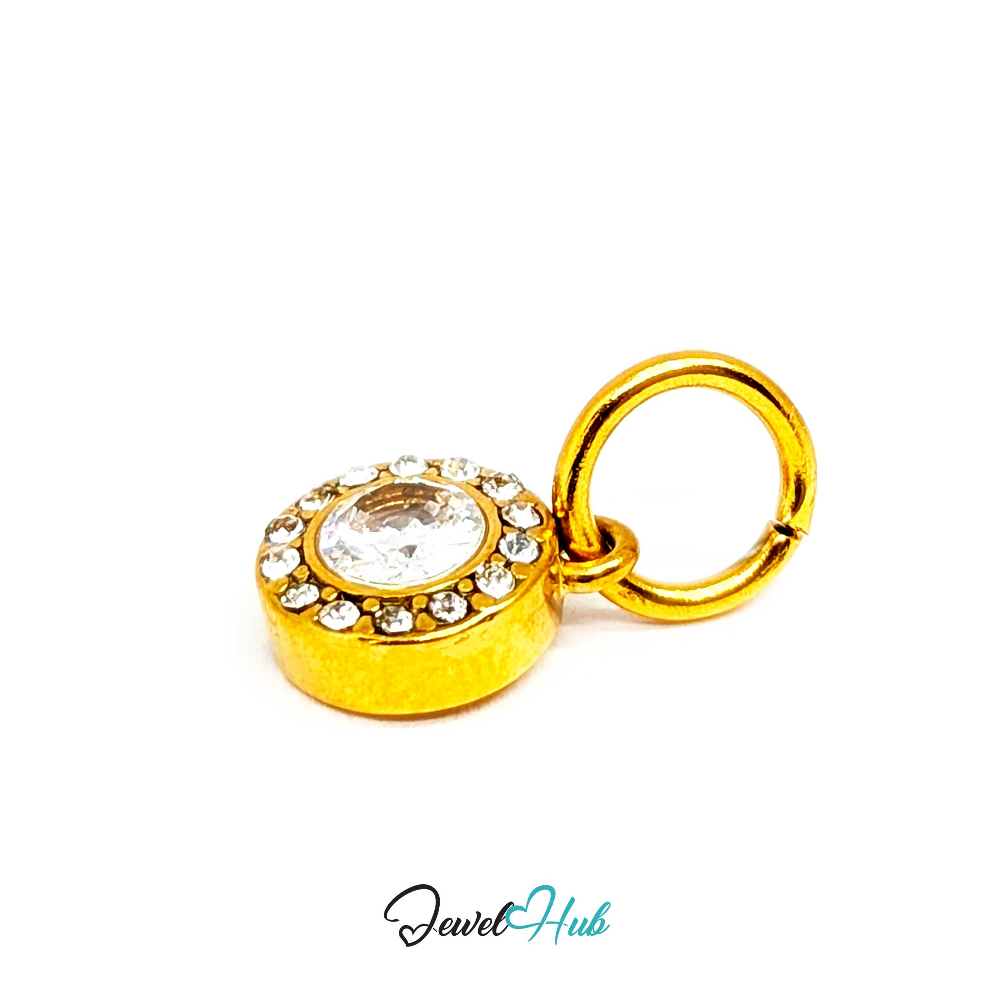 Halo Round charm tilted, gold stainless steel - the raised collet and ring of halo crystals - JewelHub