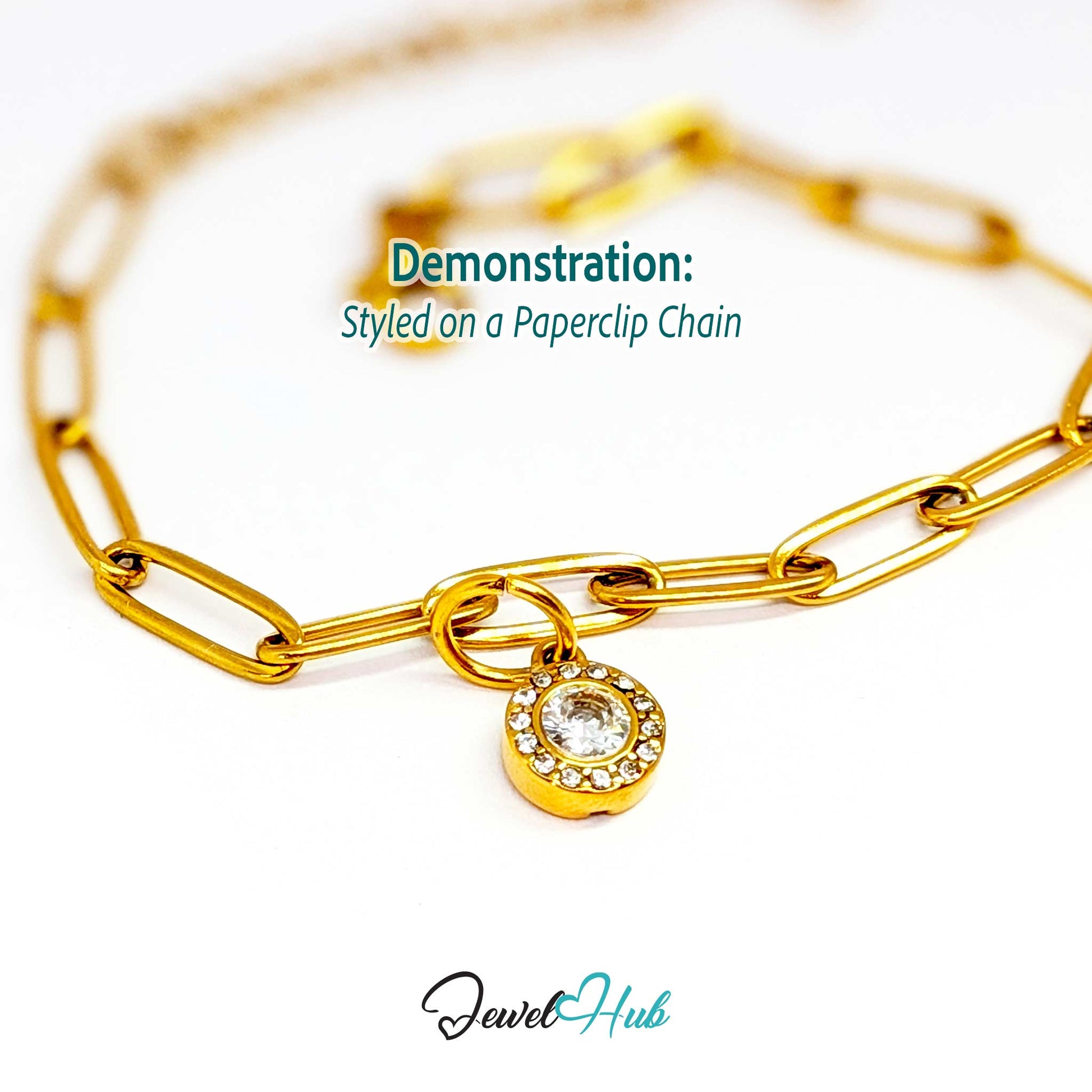 Halo Round charm, gold stainless steel, styled on a gold paperclip chain bracelet - JewelHub