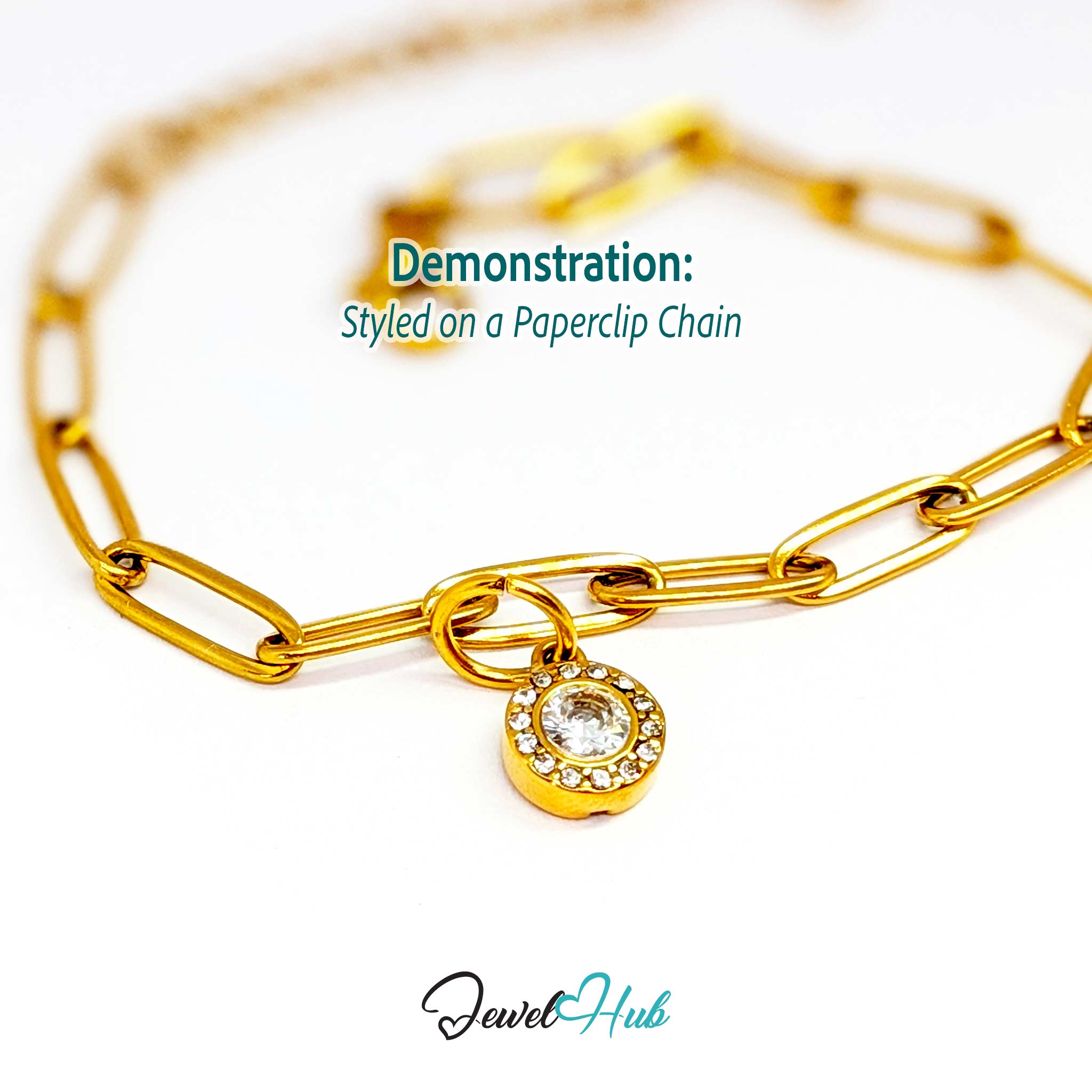 Halo Round charm, gold stainless steel, styled on a gold paperclip chain bracelet - JewelHub