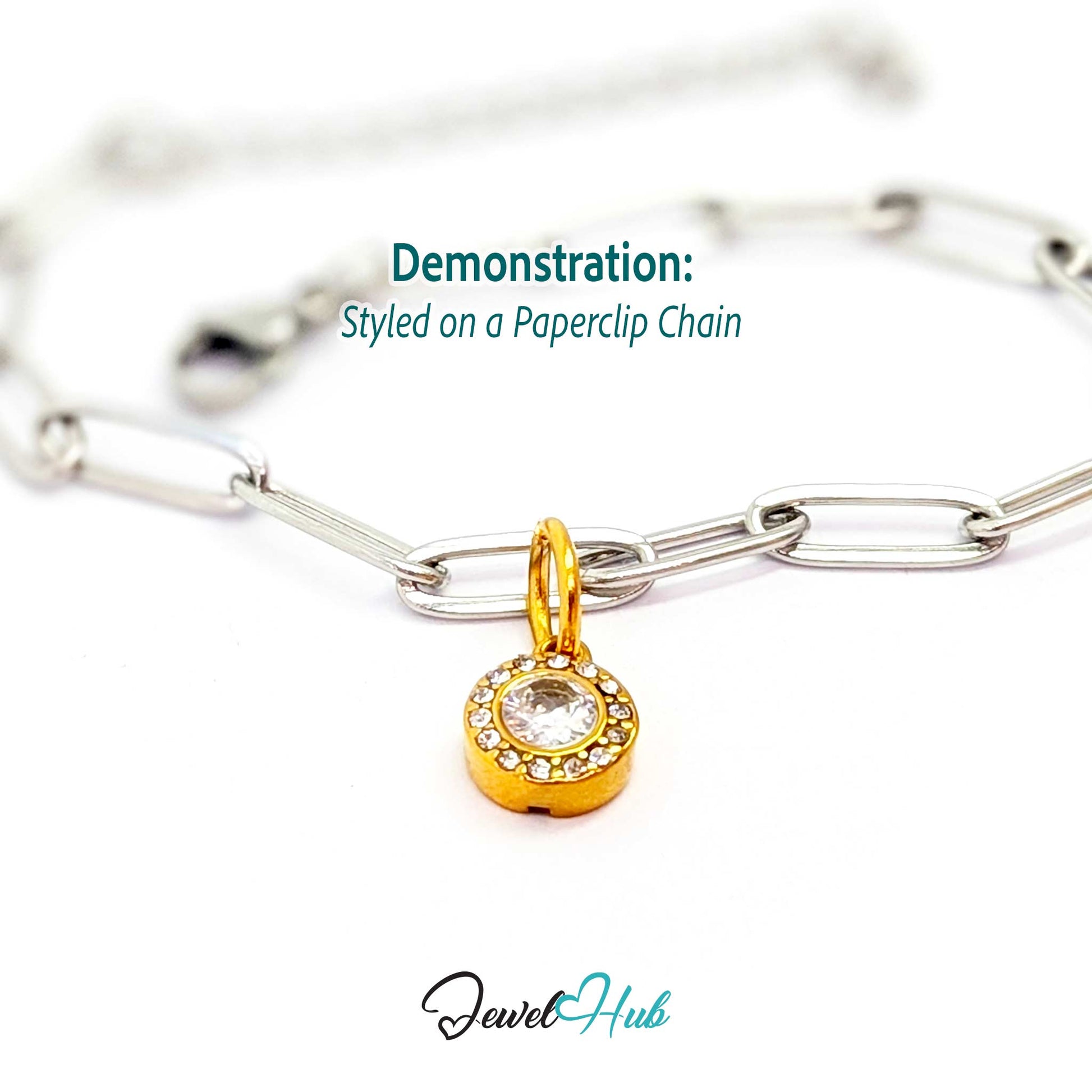 Halo Round charm, gold stainless steel, styled on a silver paperclip chain bracelet - JewelHub