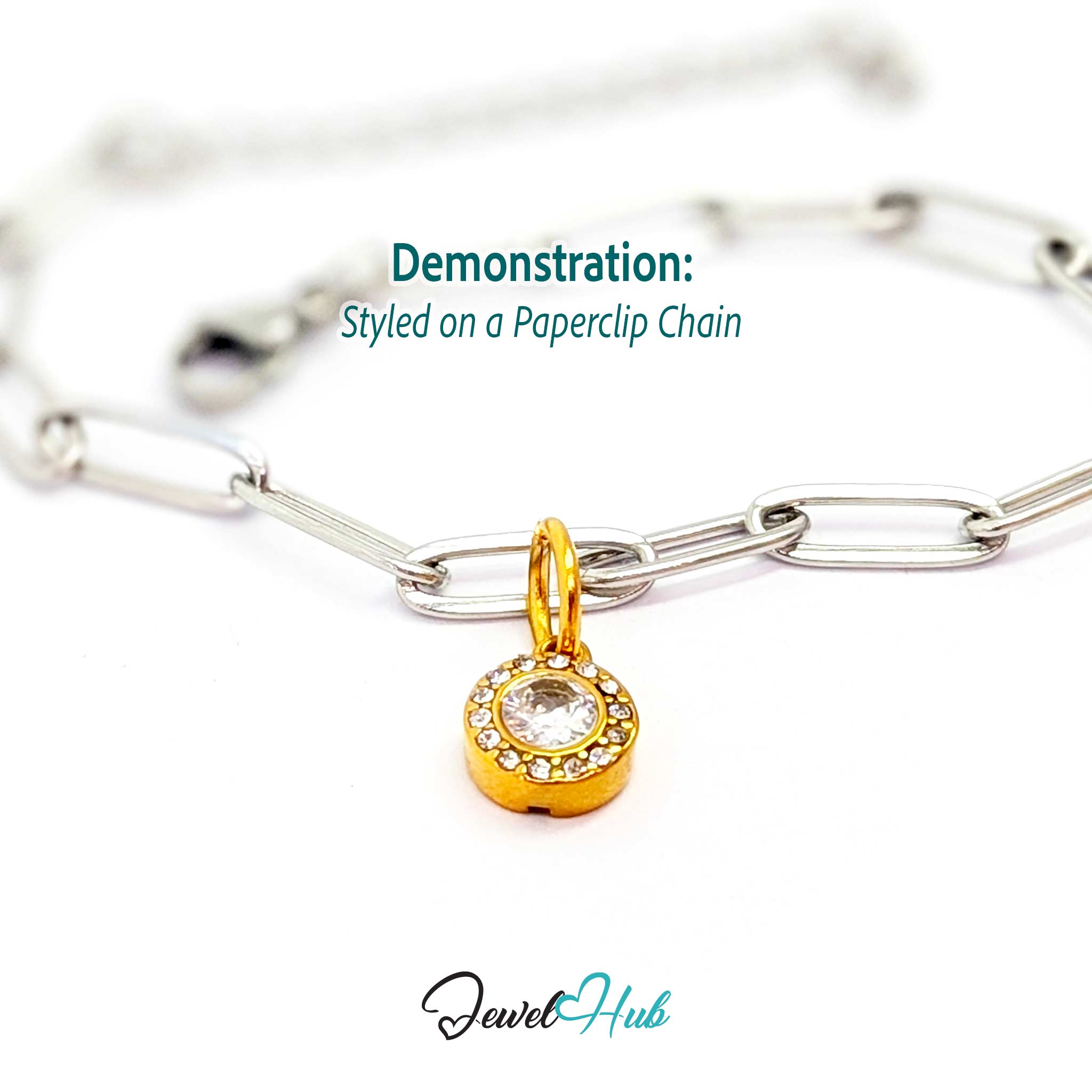 Halo Round charm, gold stainless steel, styled on a silver paperclip chain bracelet - JewelHub
