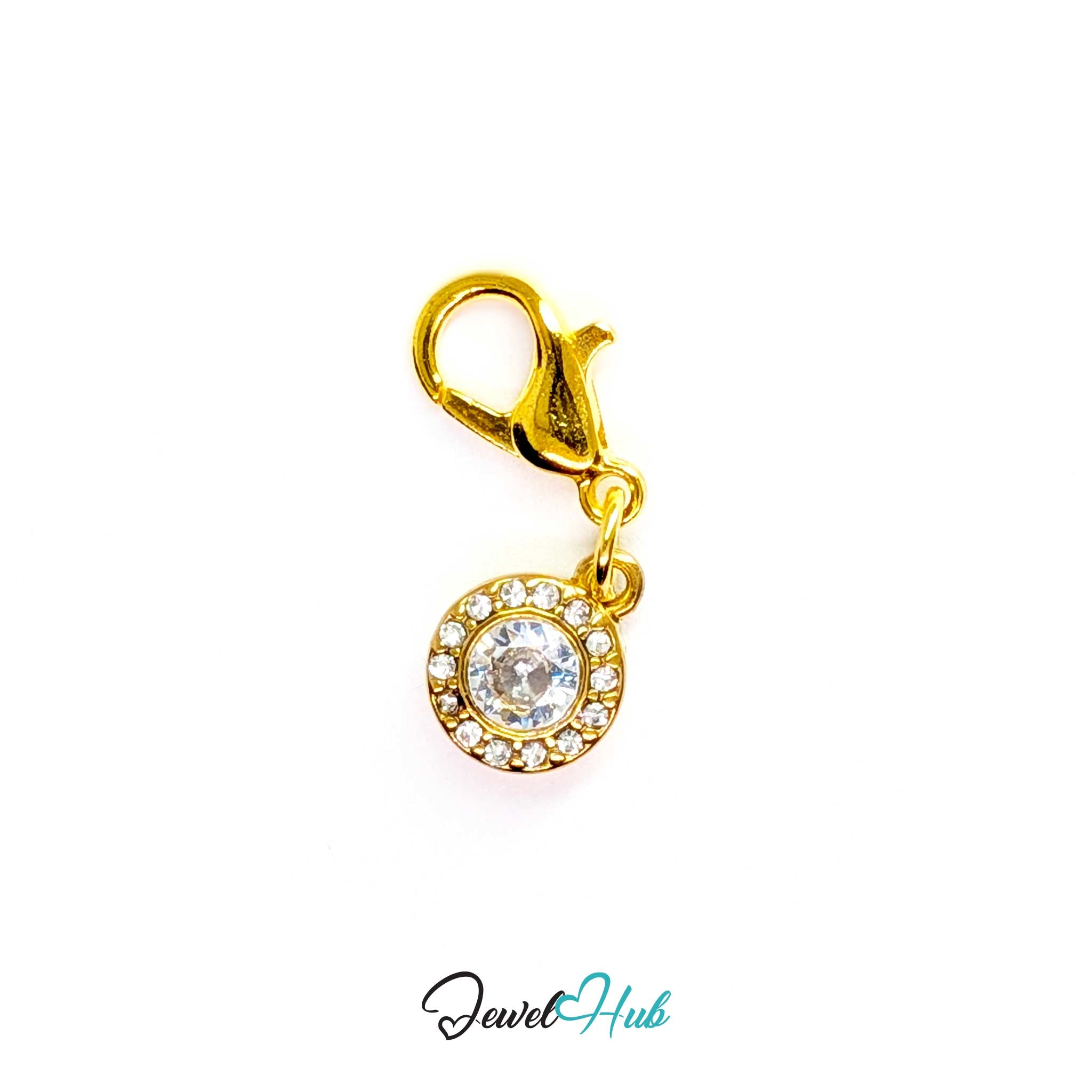 Halo Round charm, gold stainless steel, fitted with a lobster clasp to clip straight on - JewelHub
