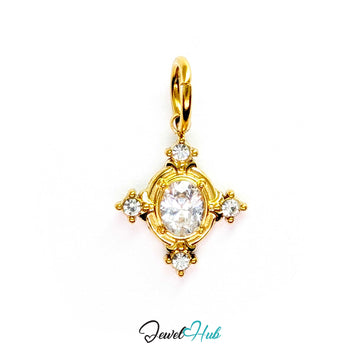 Gem Star charm, gold stainless steel - oval crystal centre, a crystal at each of four points - JewelHub