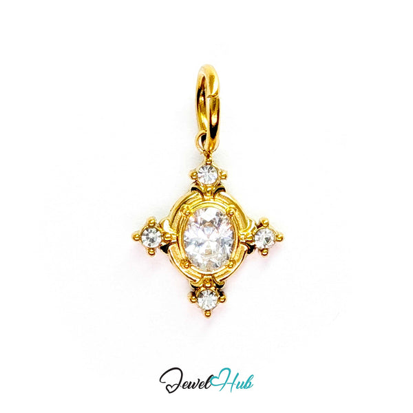 Gem Star charm, gold stainless steel - oval crystal centre, a crystal at each of four points - JewelHub