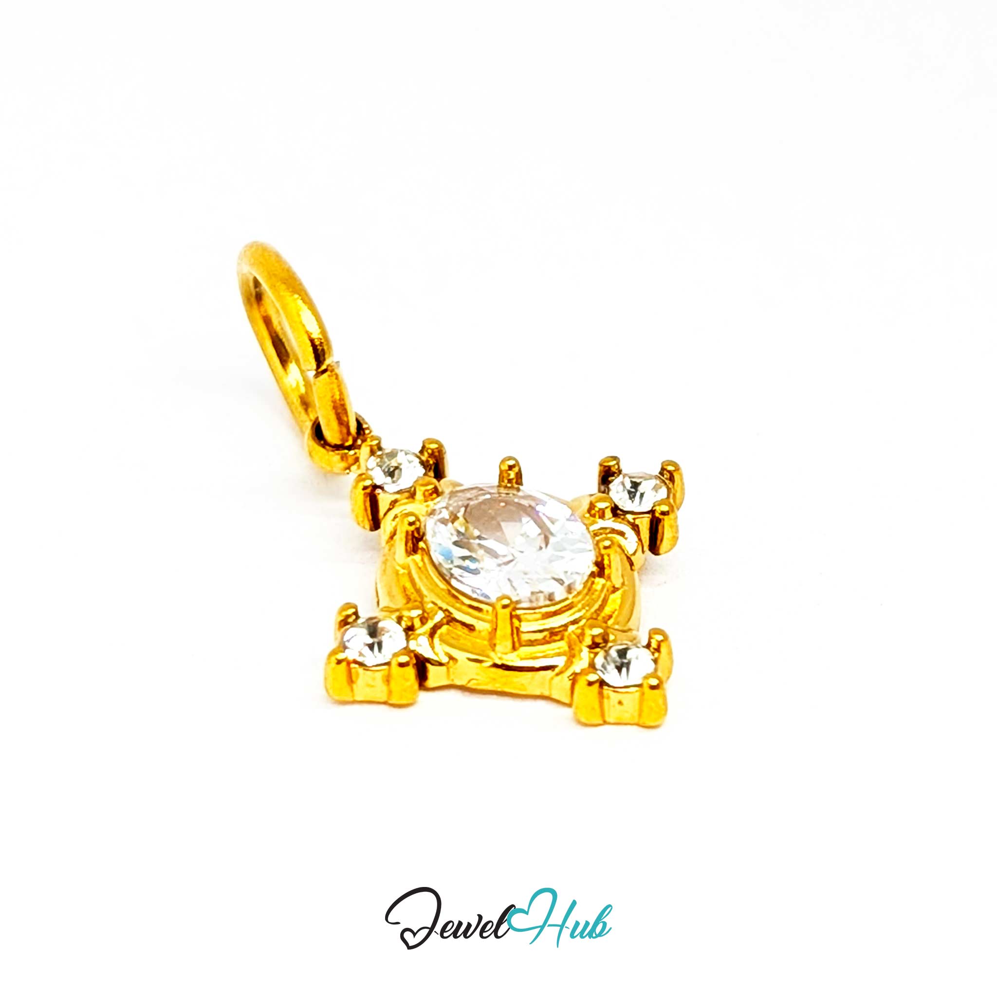 Gem Star charm at an angle, gold stainless steel - the claw settings and cut-away scrollwork - JewelHub