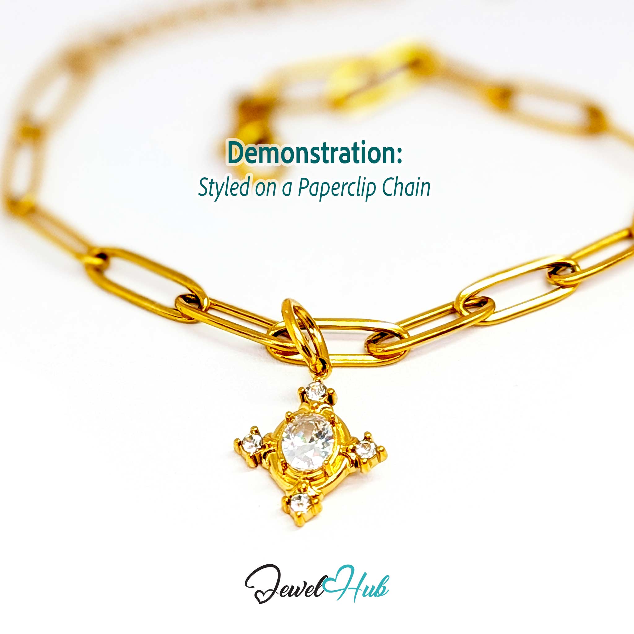 Gem Star charm, gold stainless steel, styled on a gold paperclip chain bracelet - JewelHub