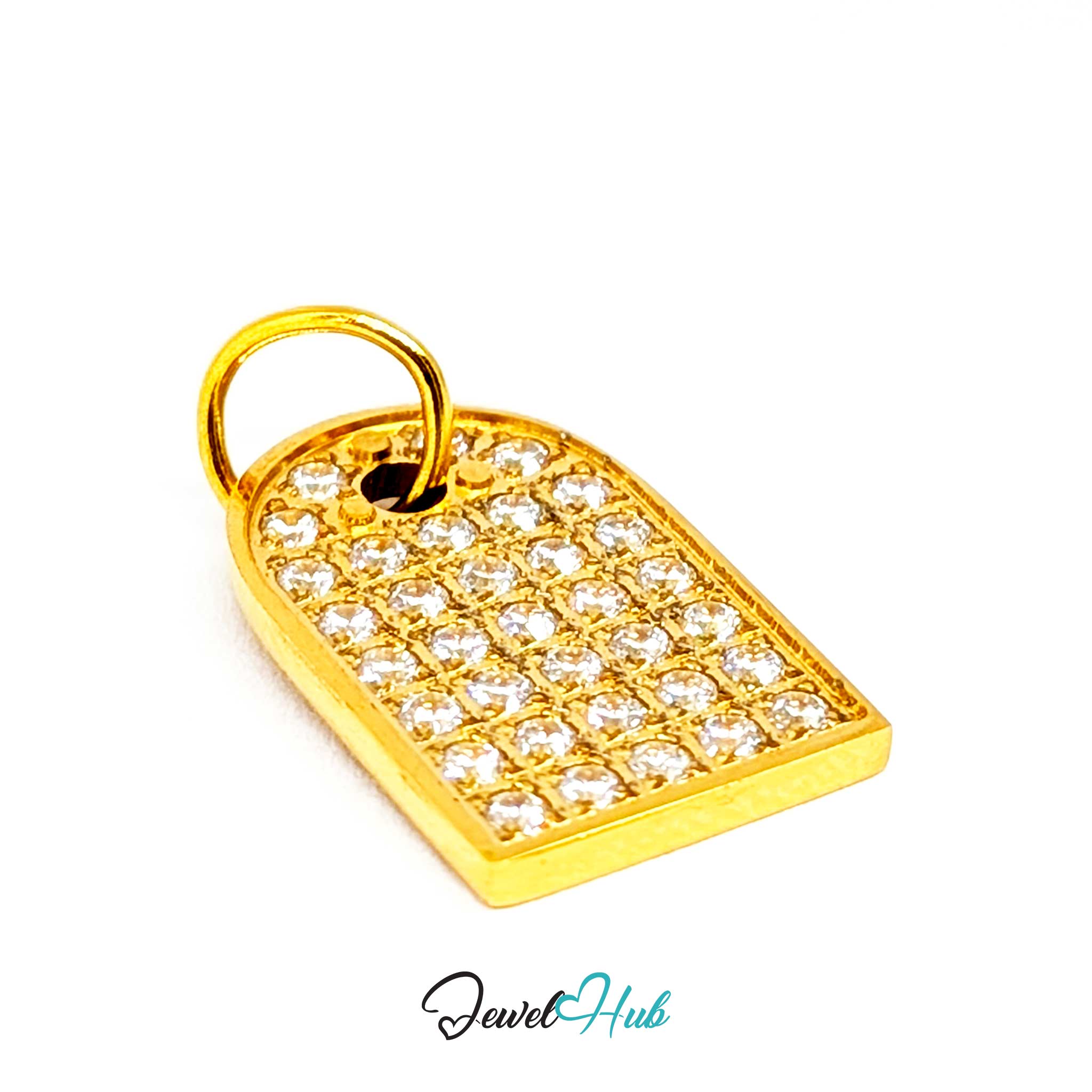 Pave Arch charm at an angle, gold stainless steel - even rows of pave across the flat face - JewelHub