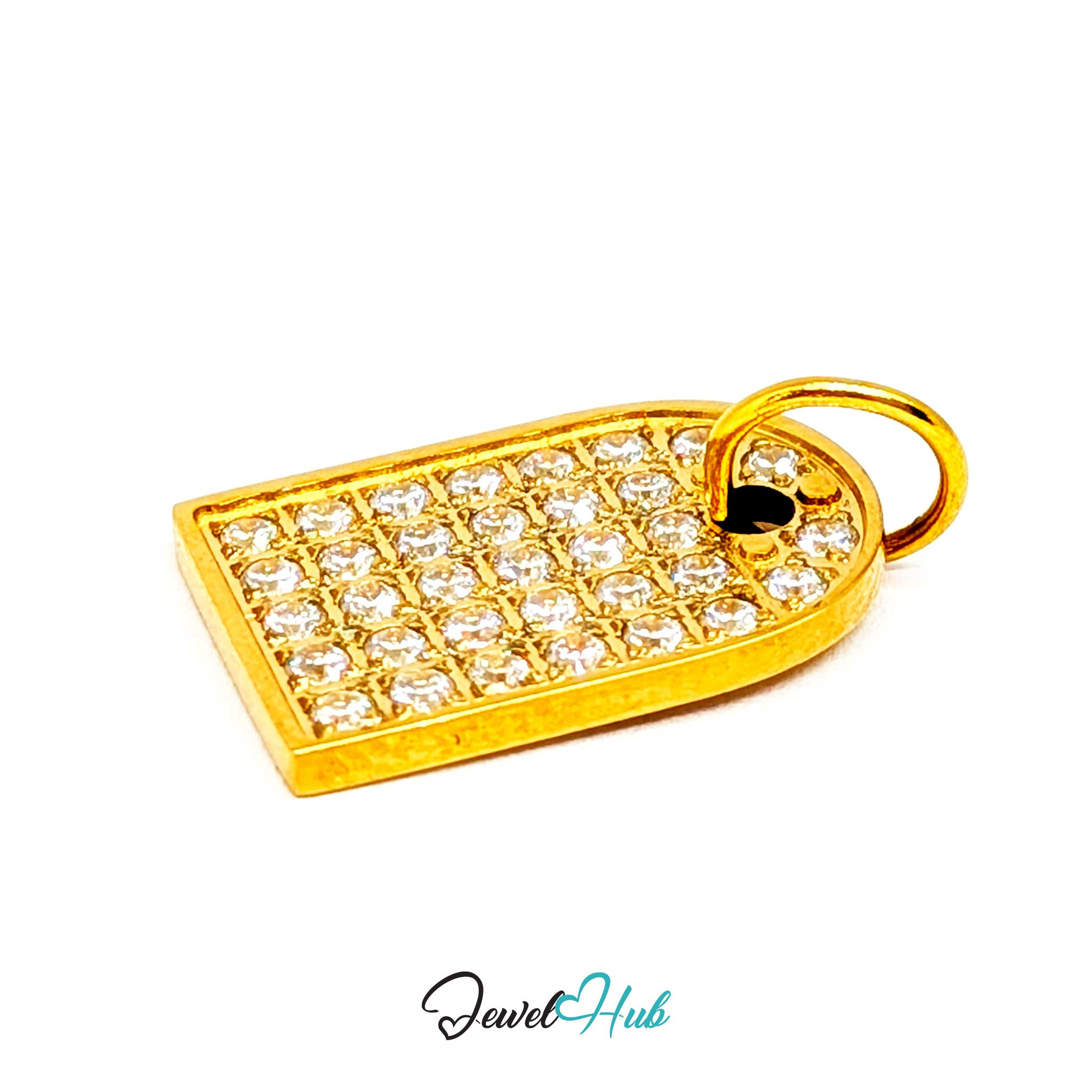 Pave Arch charm tilted, gold stainless steel - even rows of pave across the flat face - JewelHub