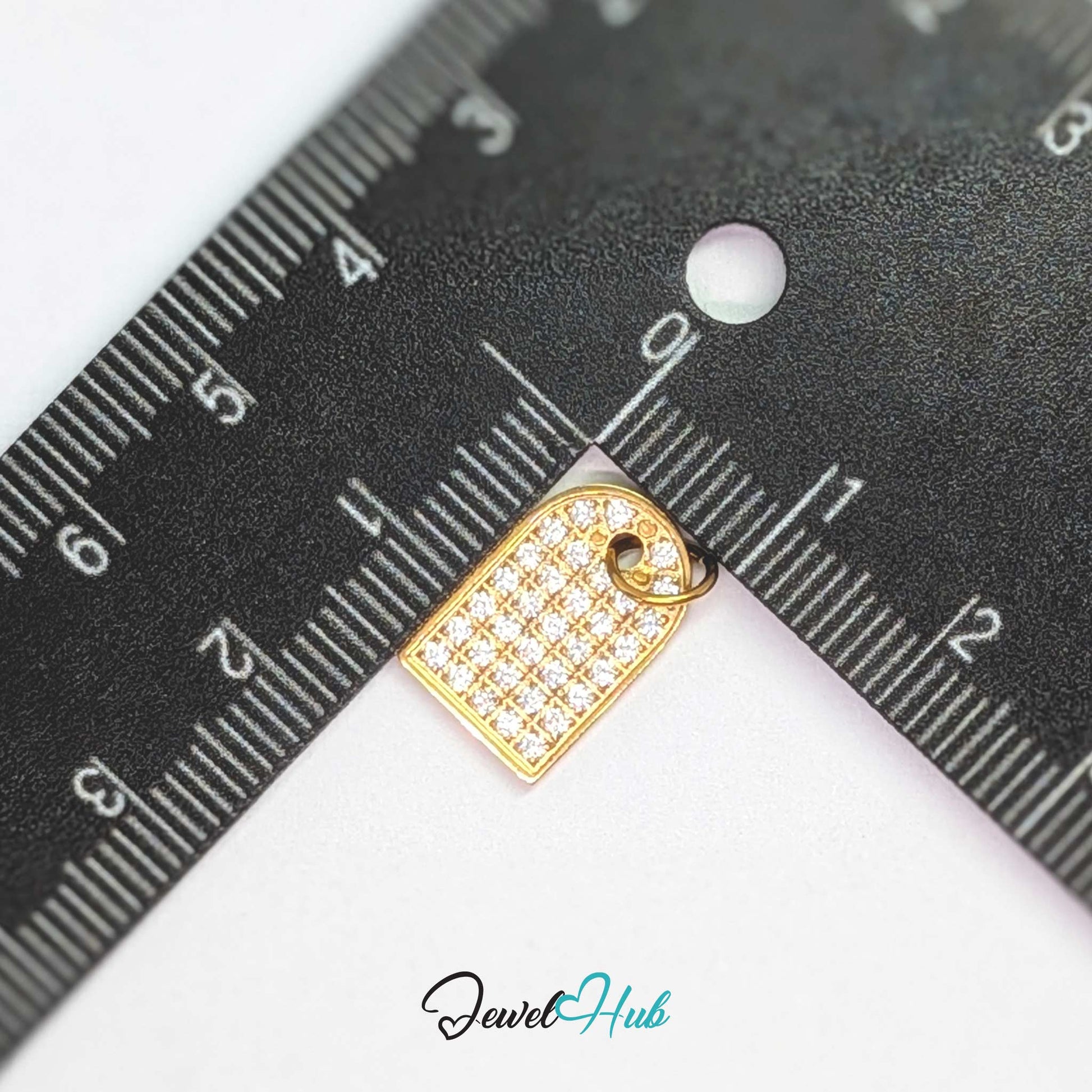 Pave Arch charm, gold stainless steel, measured against a ruler at 10 x 15.5mm - JewelHub