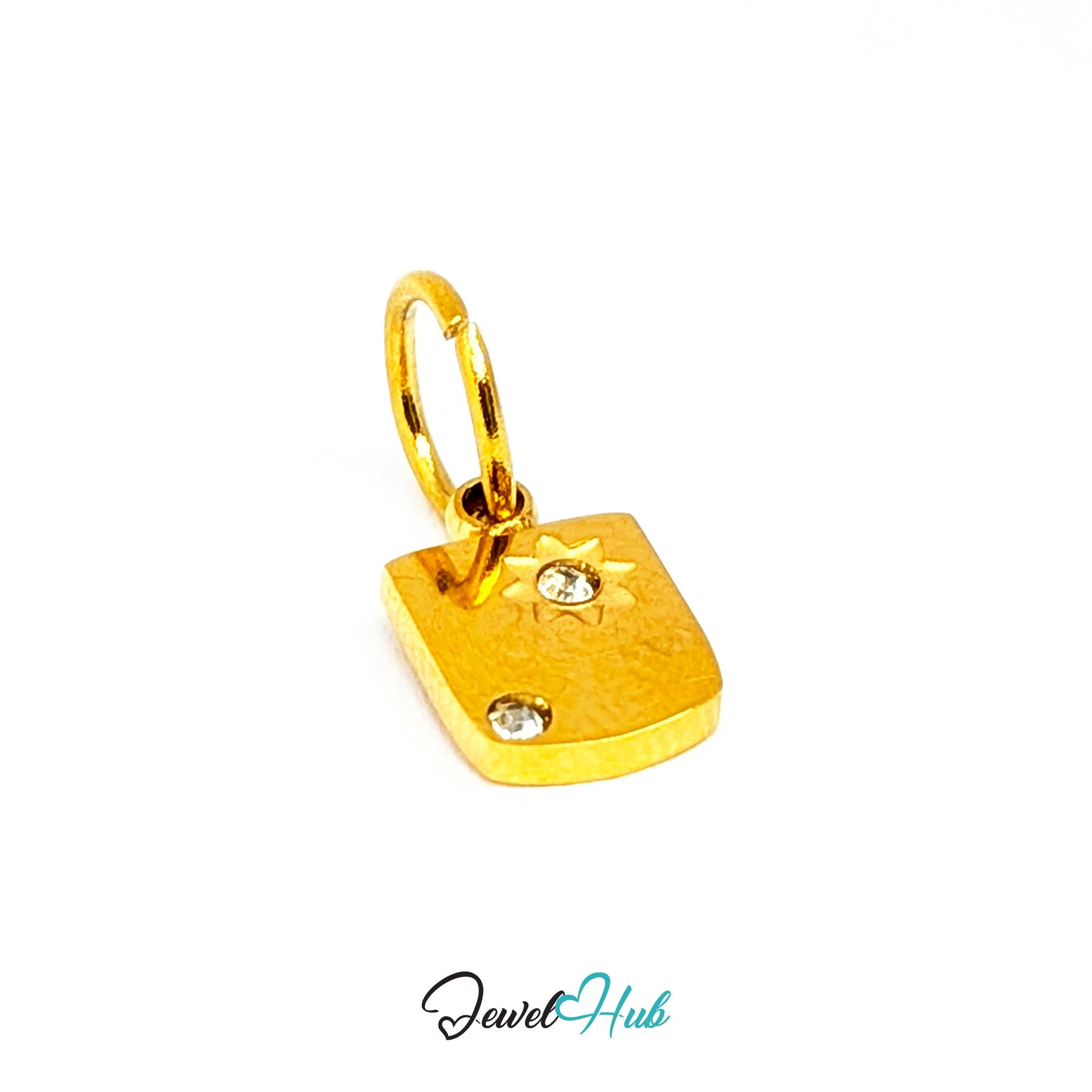 Mini Star Shield charm at an angle, gold stainless steel - the raised star and both crystals - JewelHub