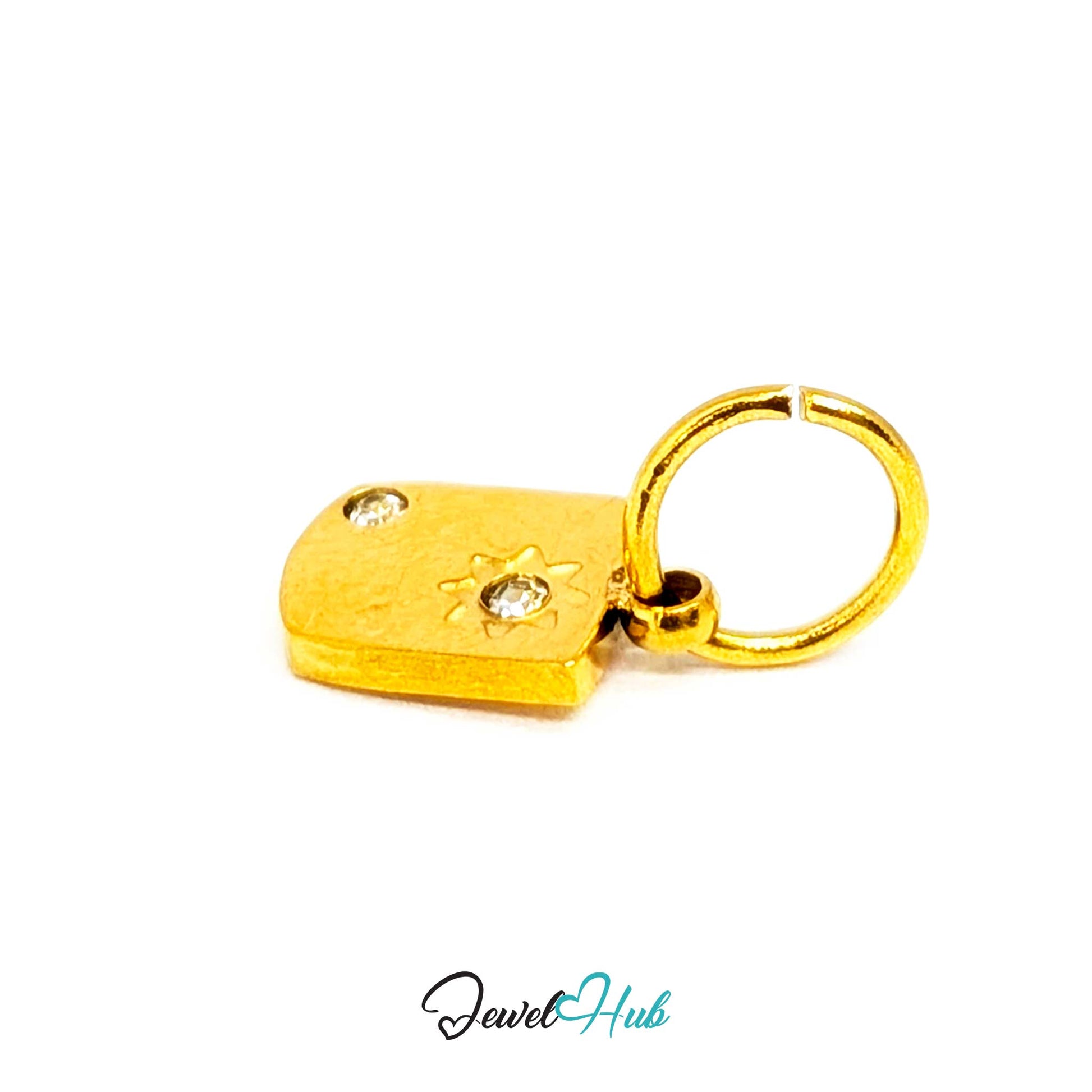 Mini Star Shield charm tilted, gold stainless steel - the raised star and both crystals - JewelHub