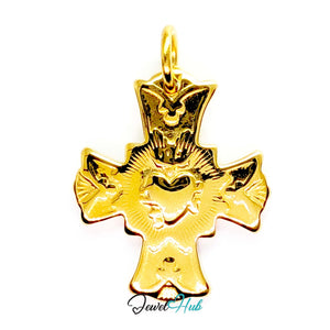 Dove cross charm in gold stainless steel with a radiant heart - front view - JewelHub