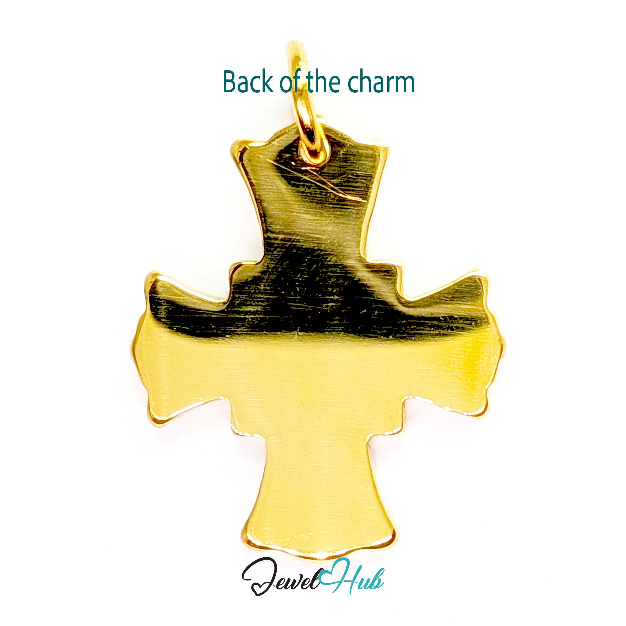 Dove cross charm in gold stainless steel with a radiant heart - reverse - JewelHub