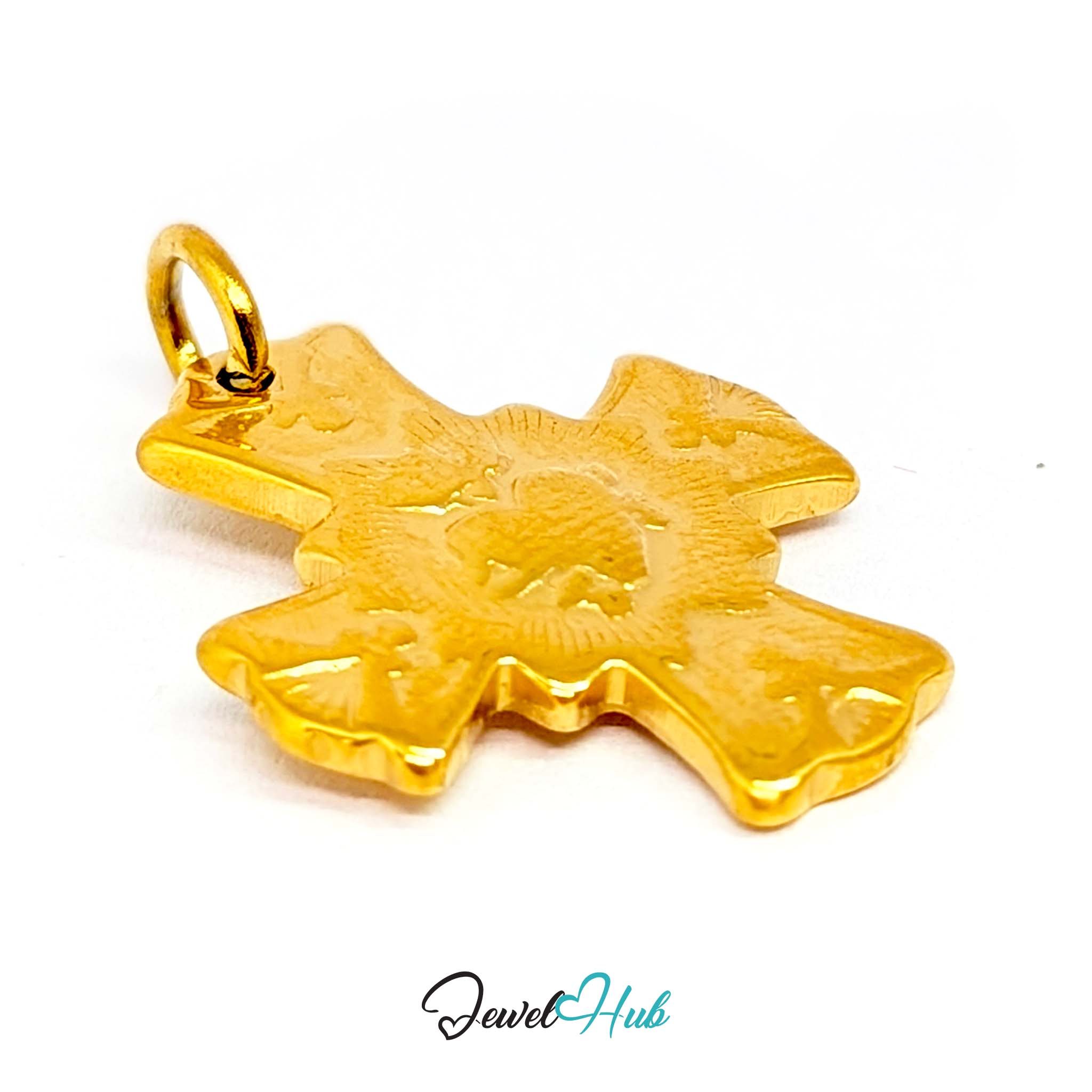 Dove cross charm in gold stainless steel with a radiant heart - three-quarter view - JewelHub