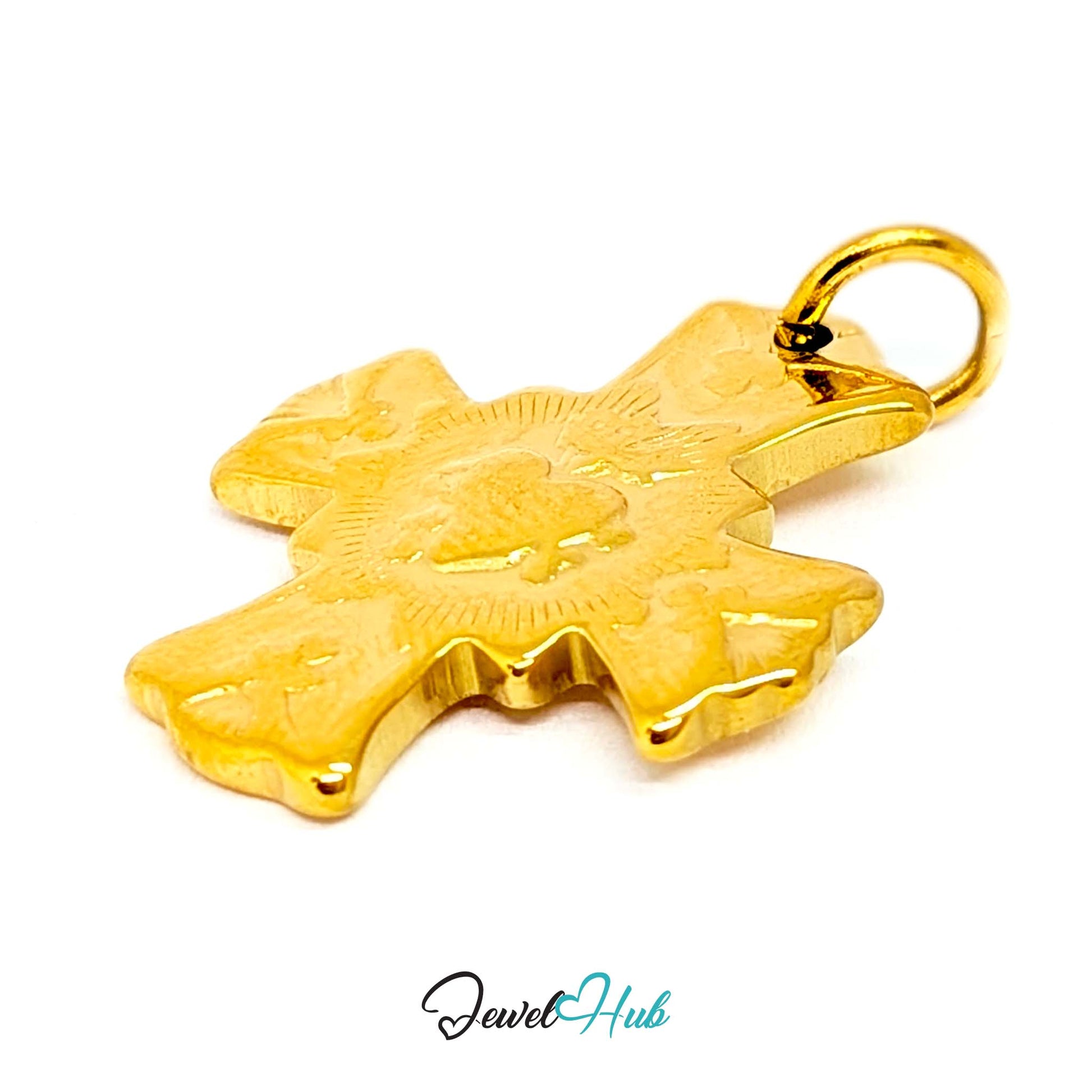 Dove cross charm in gold stainless steel with a radiant heart - angled view - JewelHub