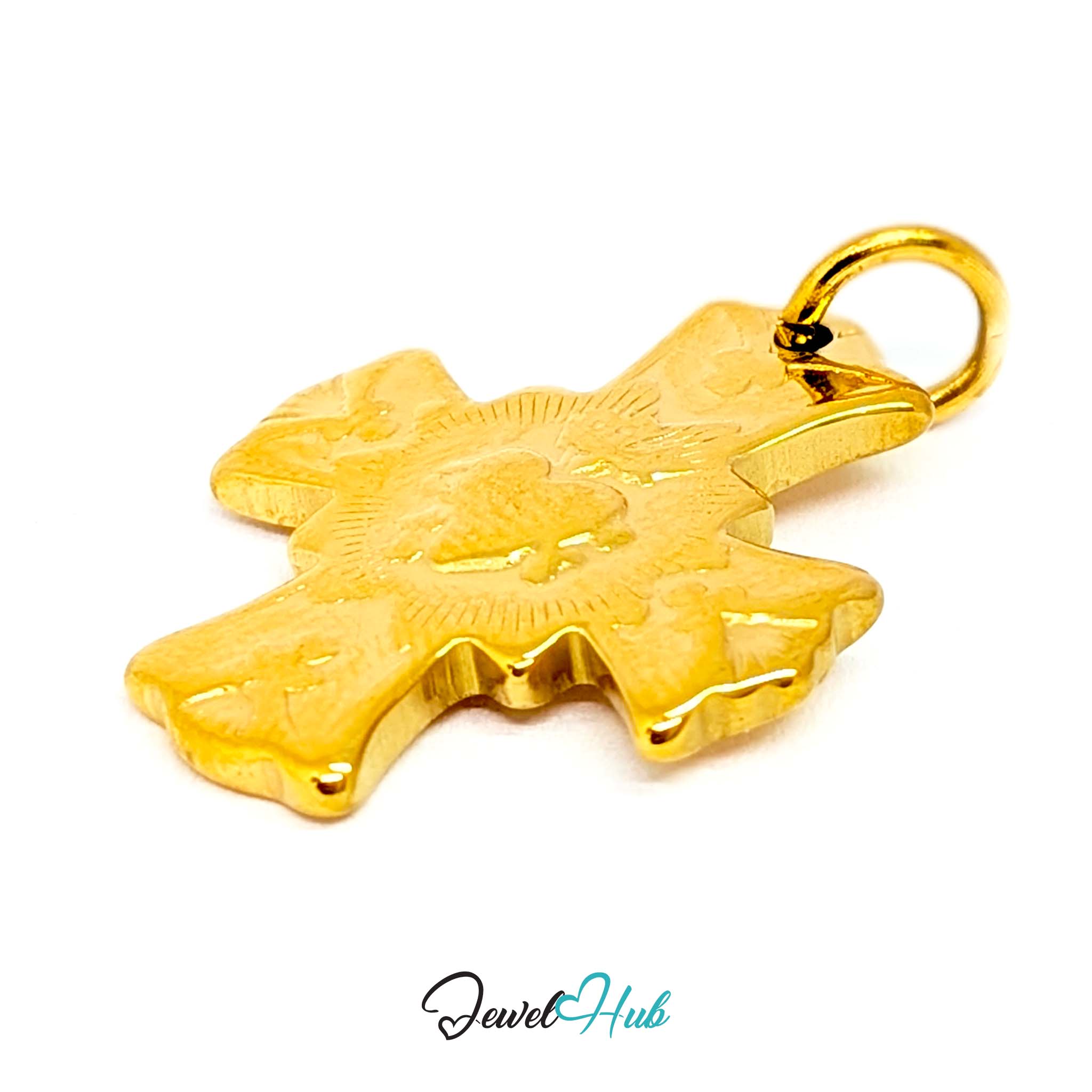 Dove cross charm in gold stainless steel with a radiant heart - angled view - JewelHub