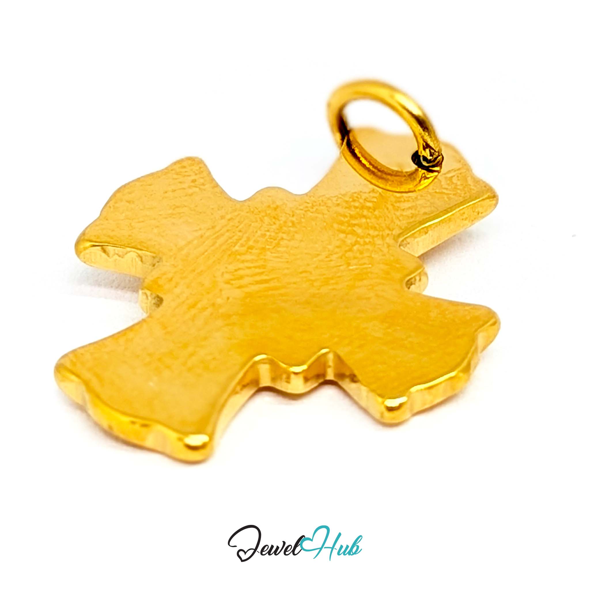 Dove cross charm in gold stainless steel with a radiant heart - turned to show depth - JewelHub